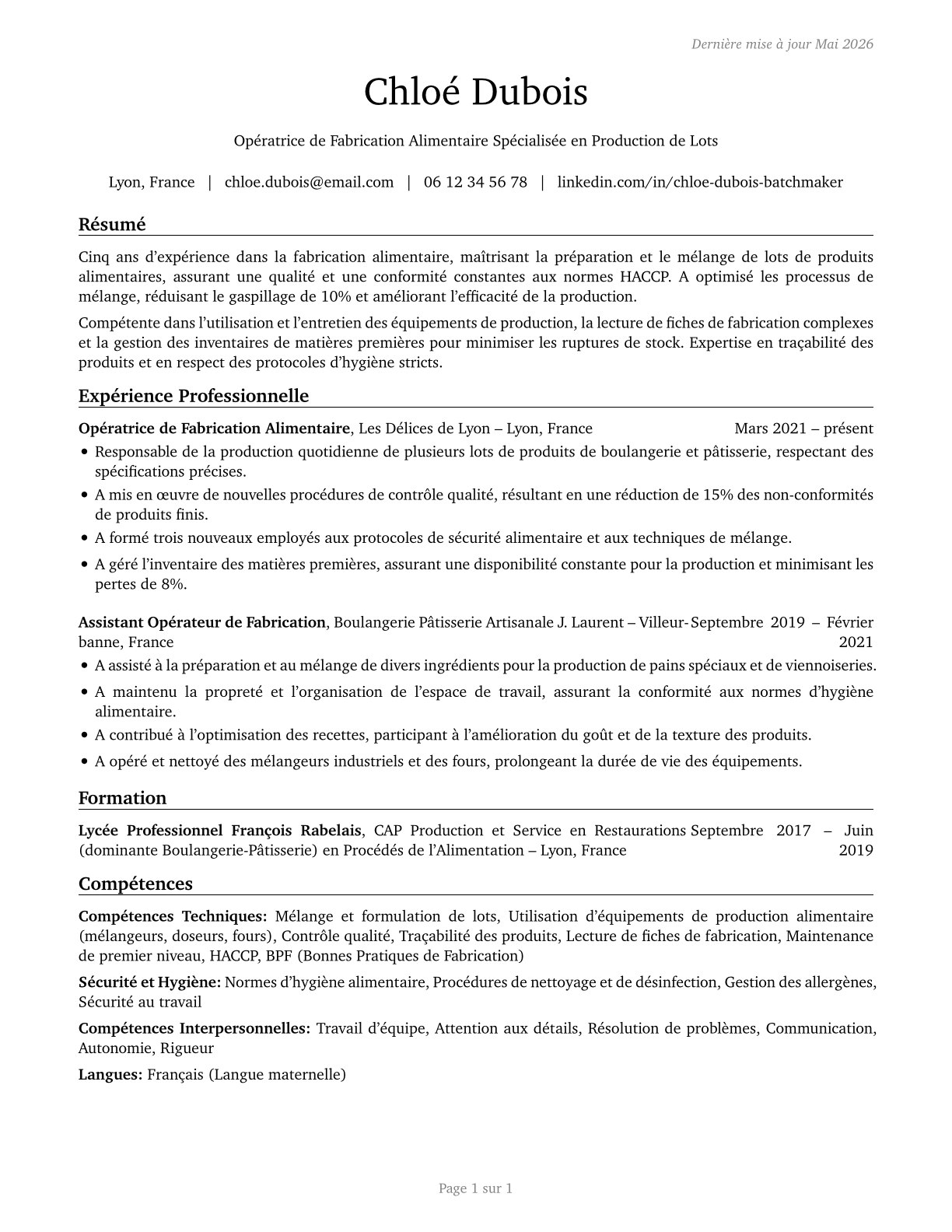 Food Batchmakers CV in French — page 1