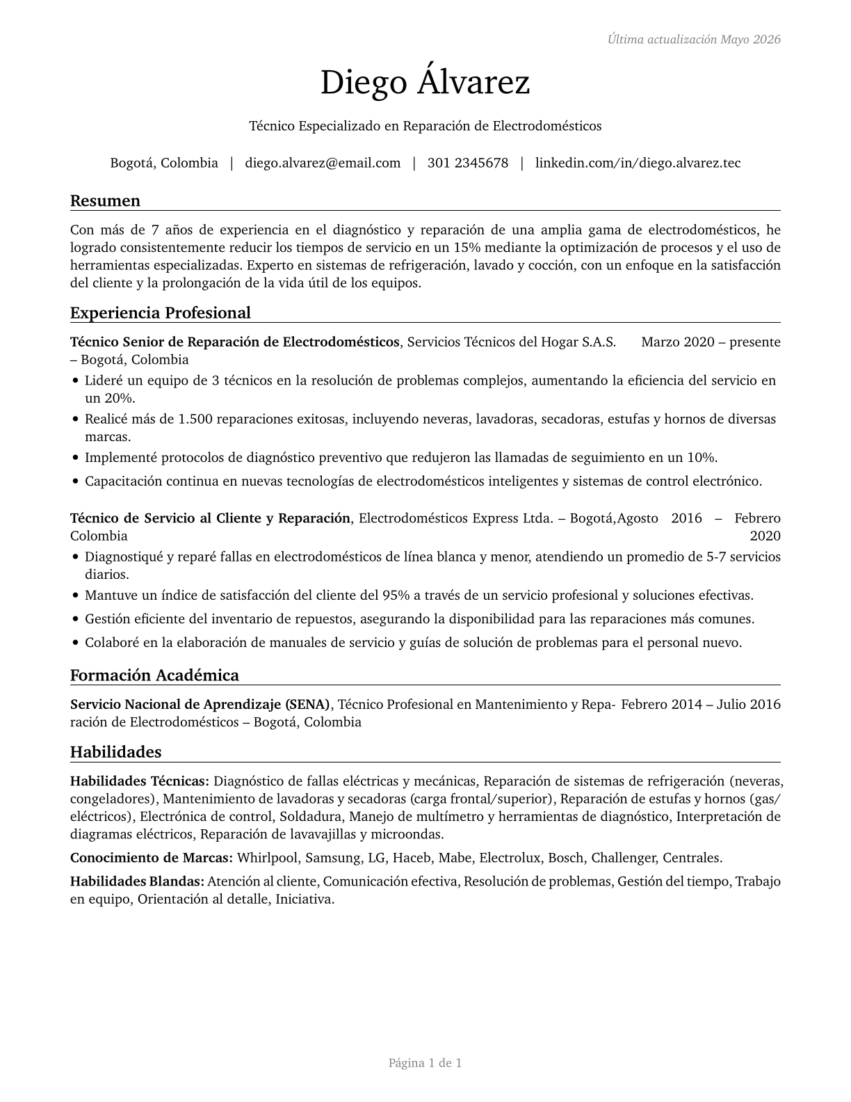 Home Appliance Repairers CV in Spanish — page 1