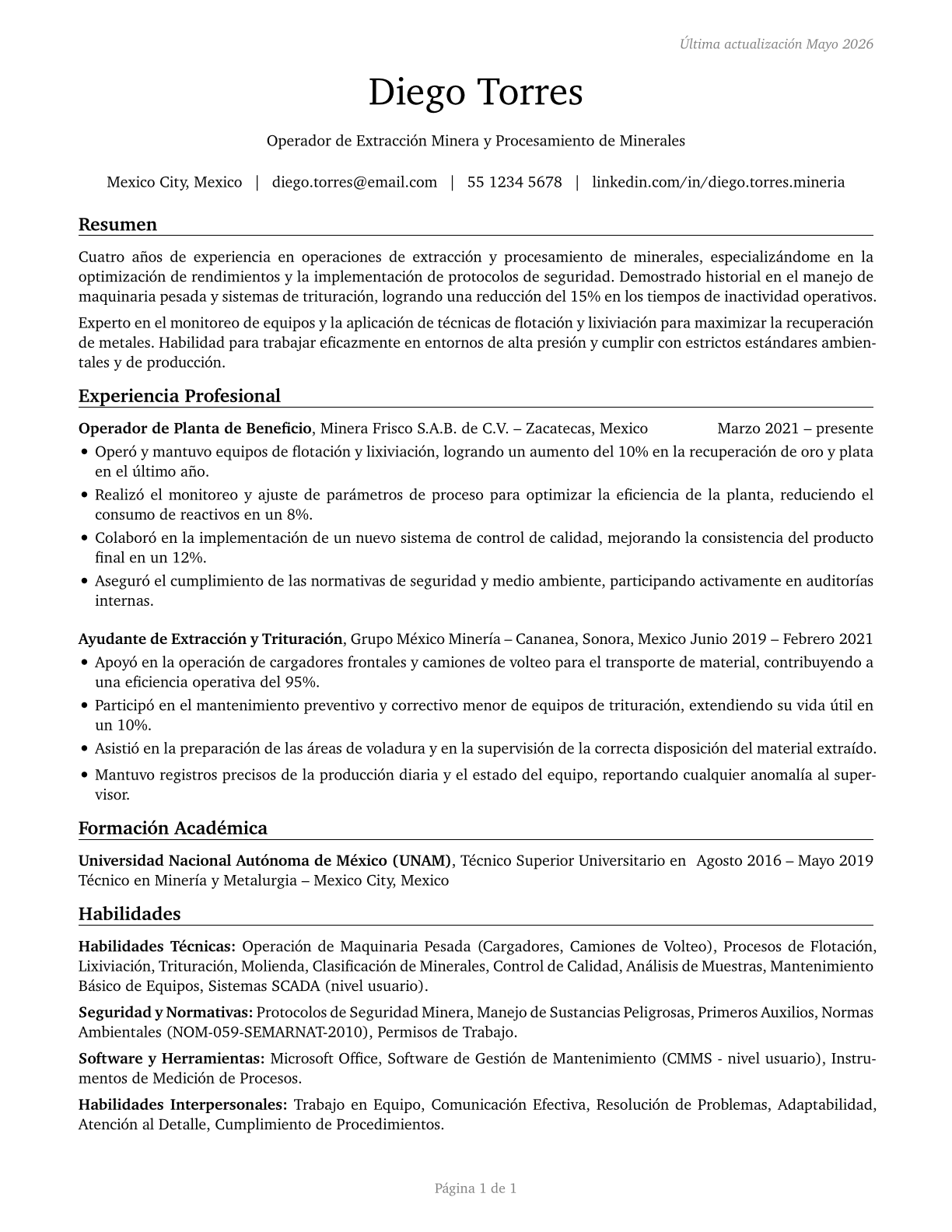 Extraction Workers, All Other CV in Spanish — page 1