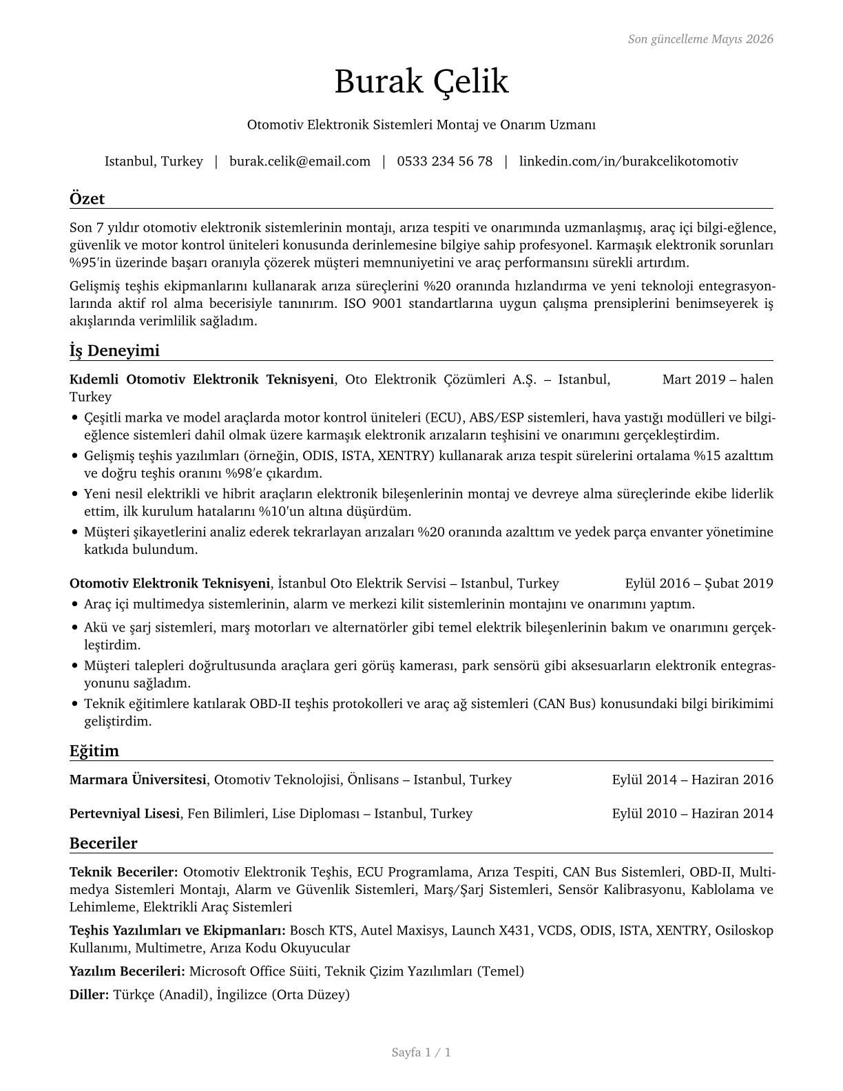 Electronic Equipment Installers and Repairers, Motor Vehicles CV in Turkish — page 1