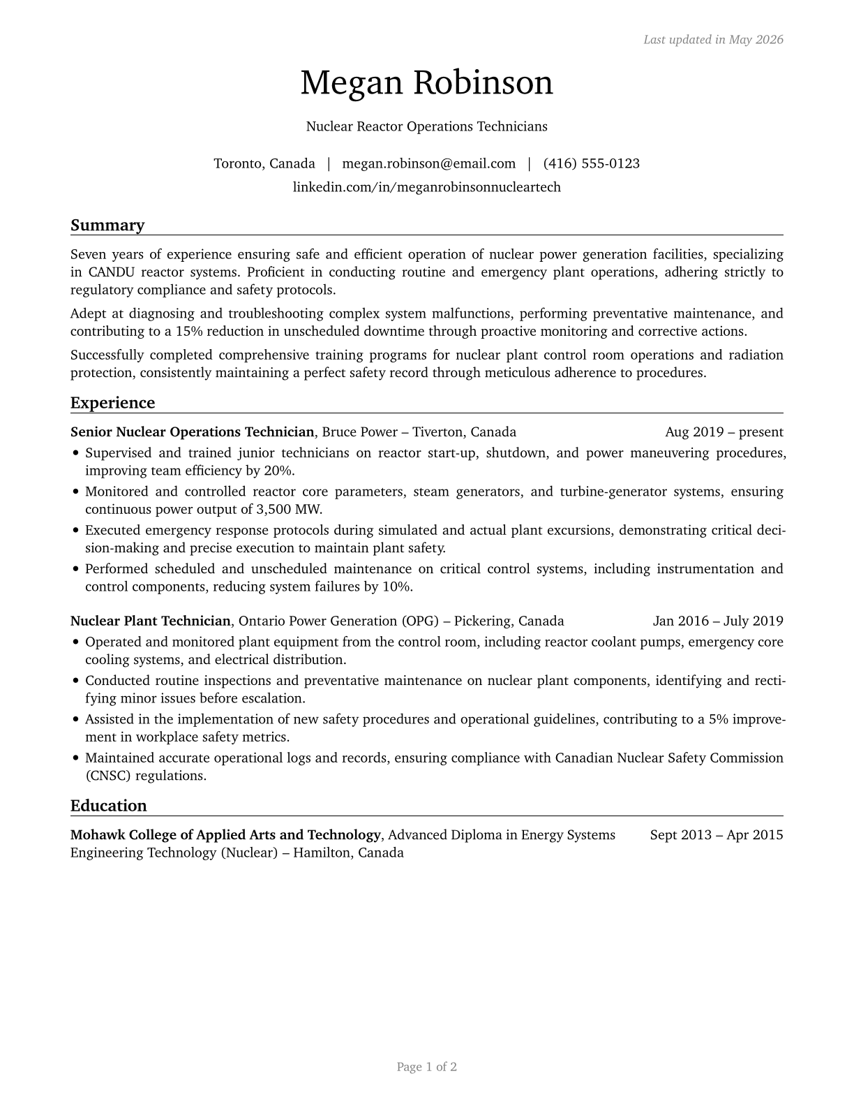 Nuclear Technicians CV in English — page 1