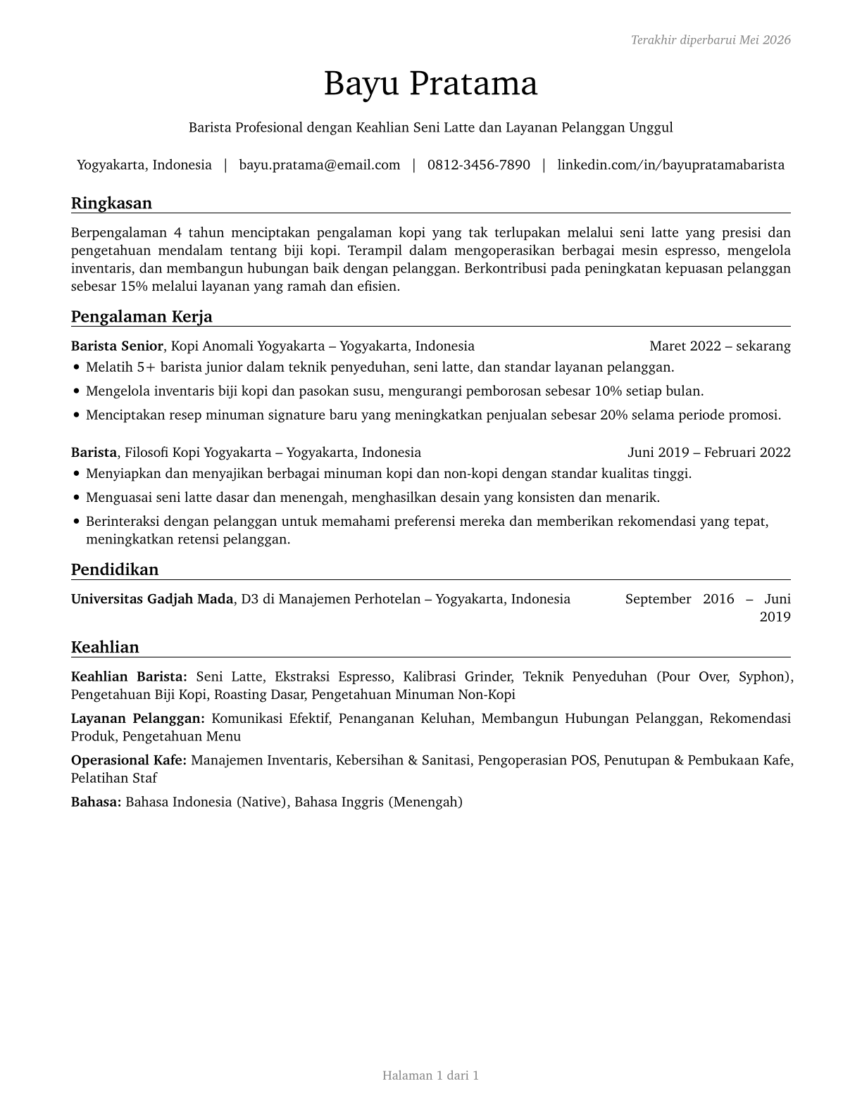 Baristas CV in Indonesian — page 1