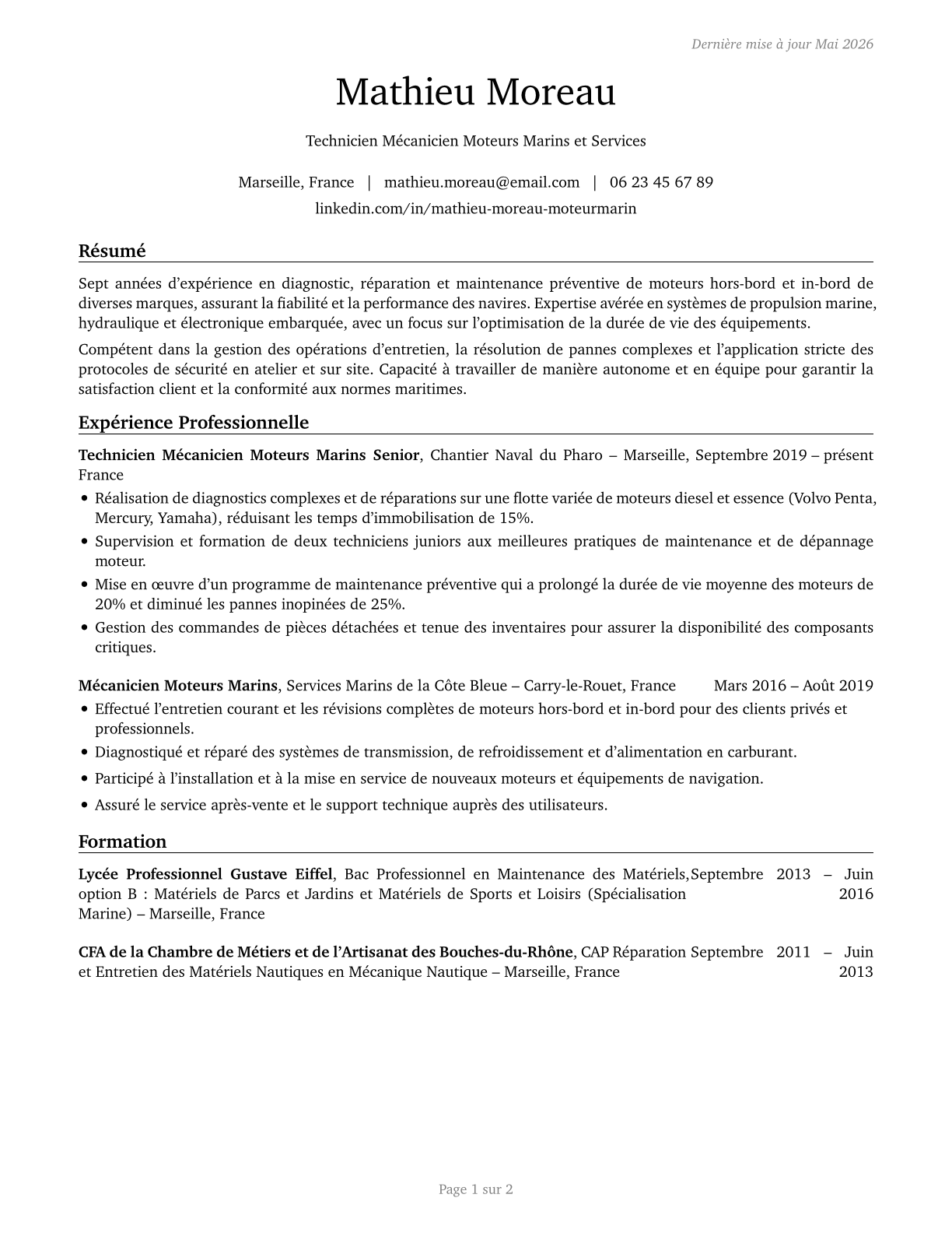 Motorboat Mechanics and Service Technicians CV in French — page 1