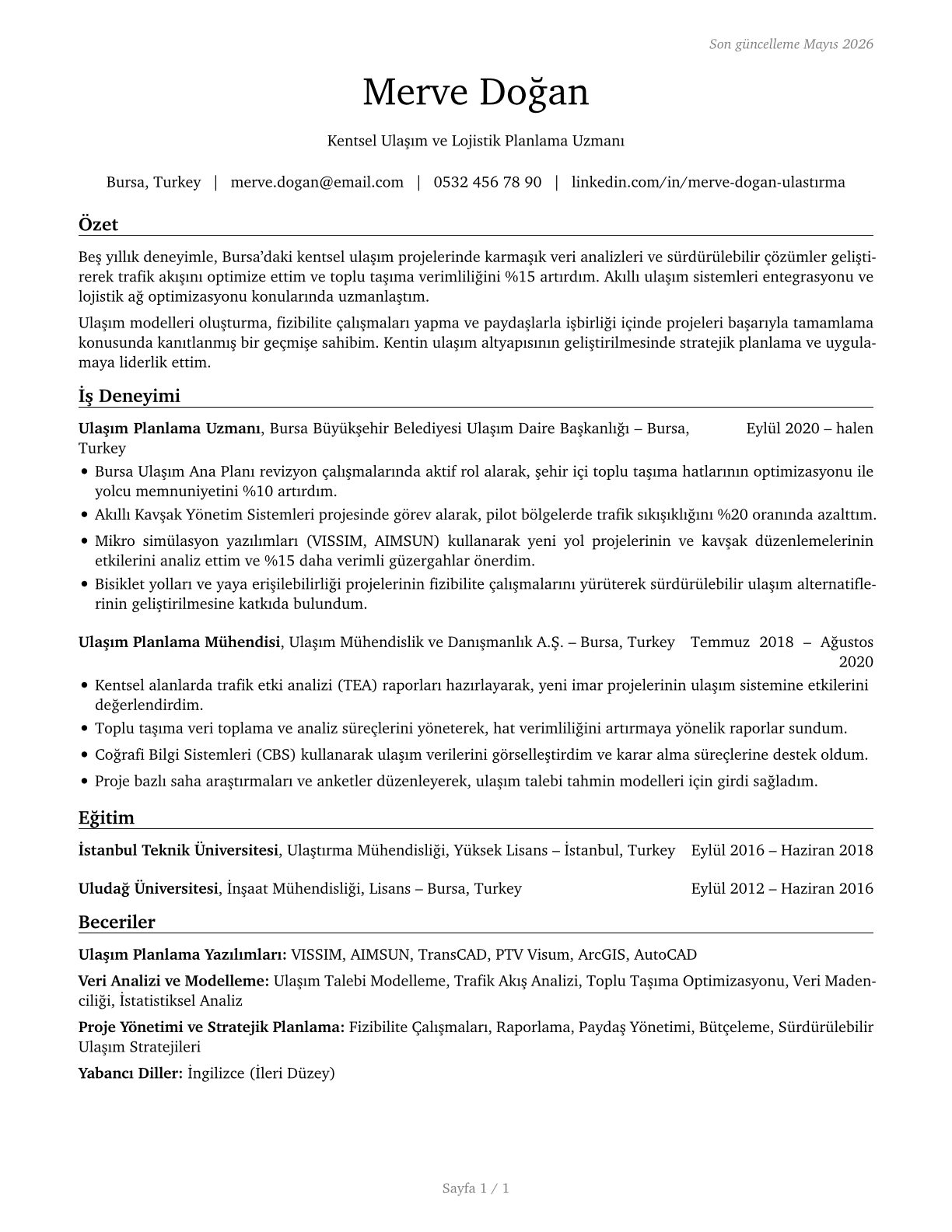 Transportation Planners CV in Turkish — page 1