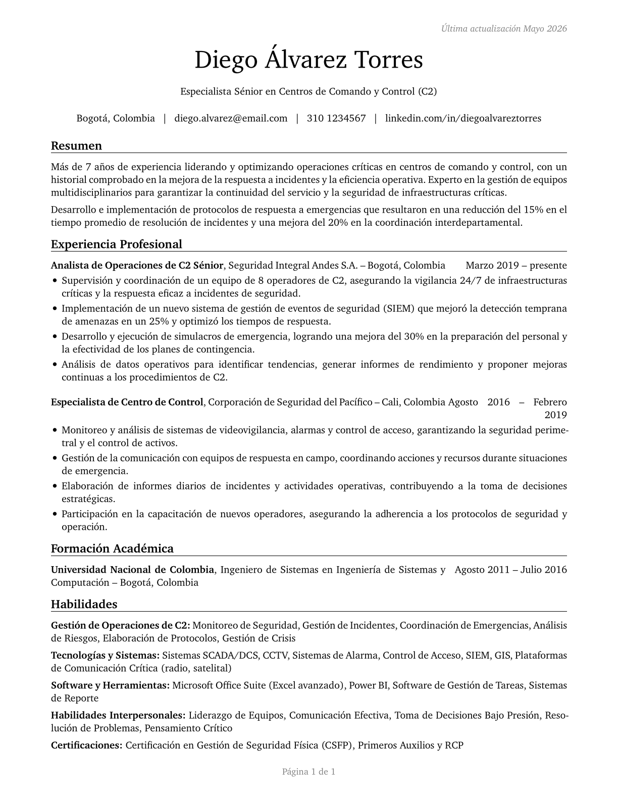Command and Control Center Specialists CV in Spanish — page 1