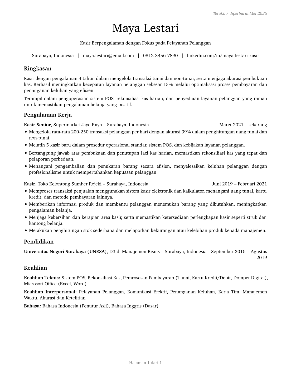 Cashiers CV in Indonesian — page 1