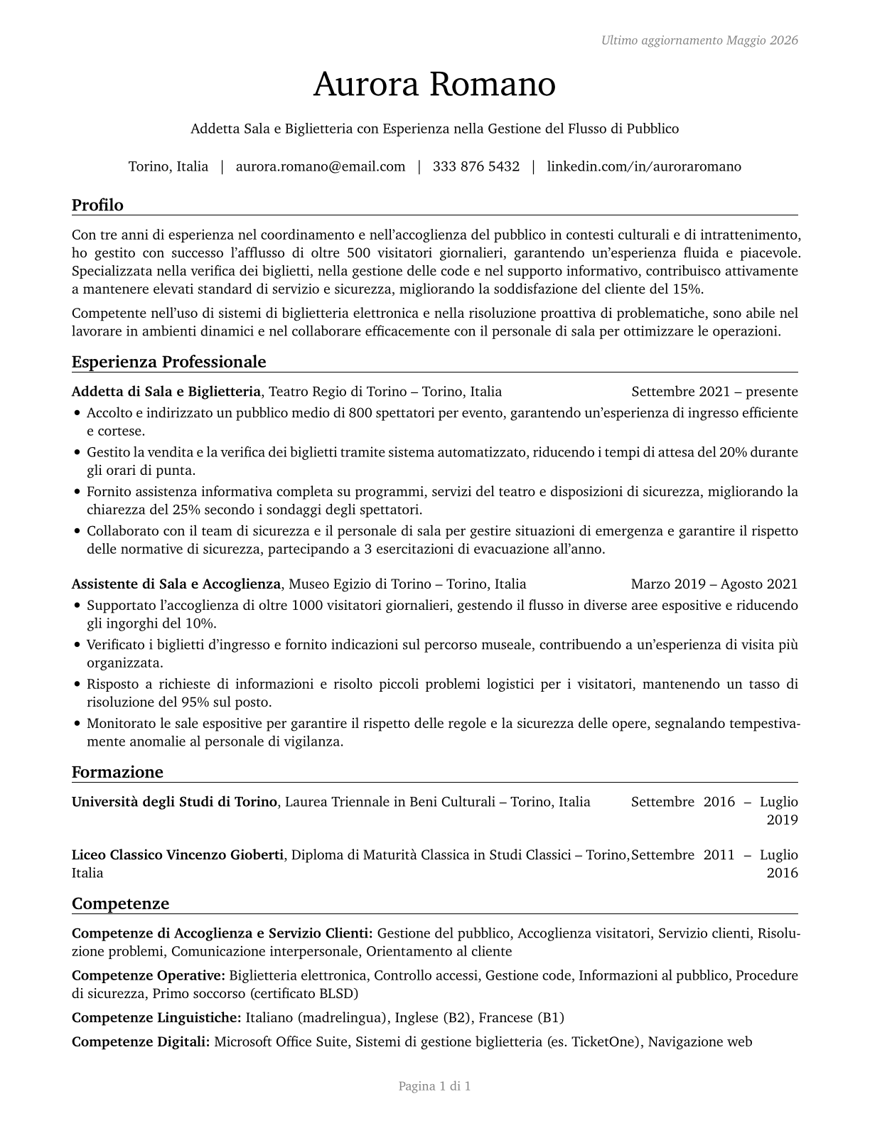 Ushers, Lobby Attendants, and Ticket Takers CV in Italian — page 1