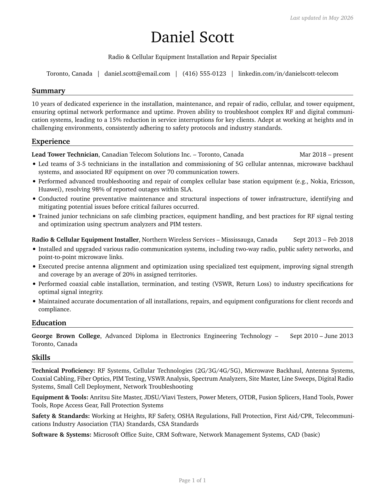 Radio, Cellular, and Tower Equipment Installers and Repairers CV in English — page 1