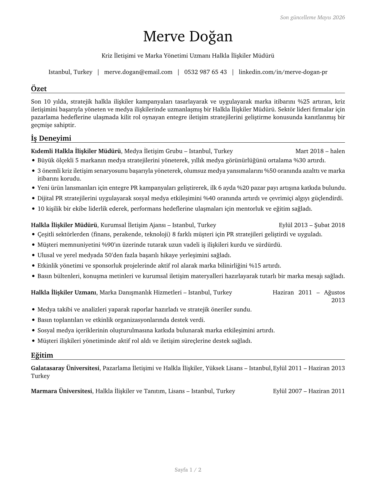 Public Relations Managers CV in Turkish — page 1