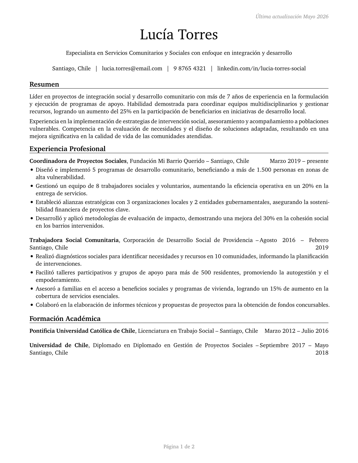 Community and Social Service Specialists, All Other CV in Spanish — page 1