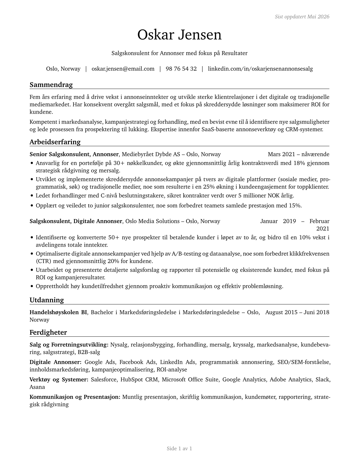Advertising Sales Agents CV in Norwegian_bokmal — page 1