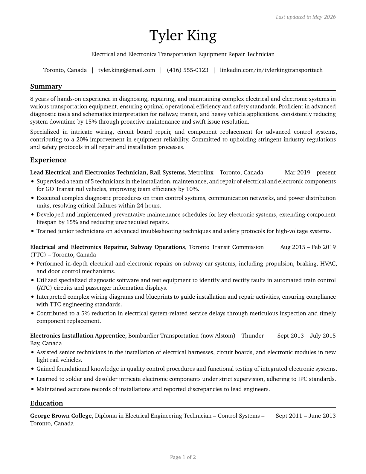 Electrical and Electronics Installers and Repairers, Transportation Equipment CV in English — page 1