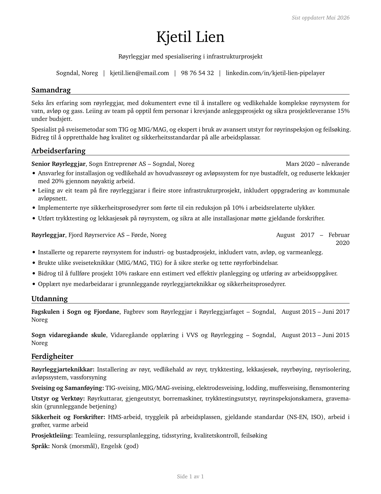 Pipelayers CV in Norwegian_nynorsk — page 1