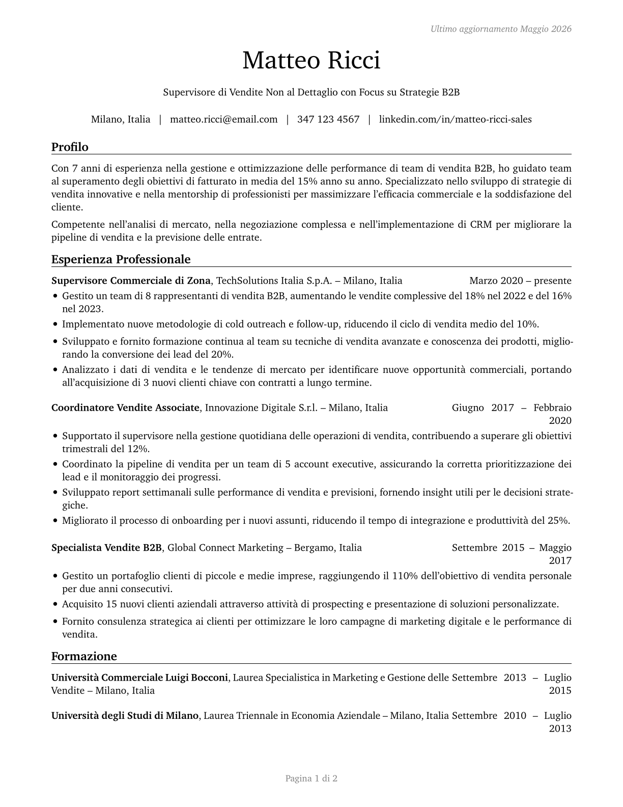 First-Line Supervisors of Non-Retail Sales Workers CV in Italian — page 1