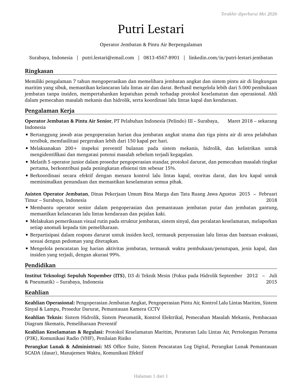 Bridge and Lock Tenders CV in Indonesian — page 1