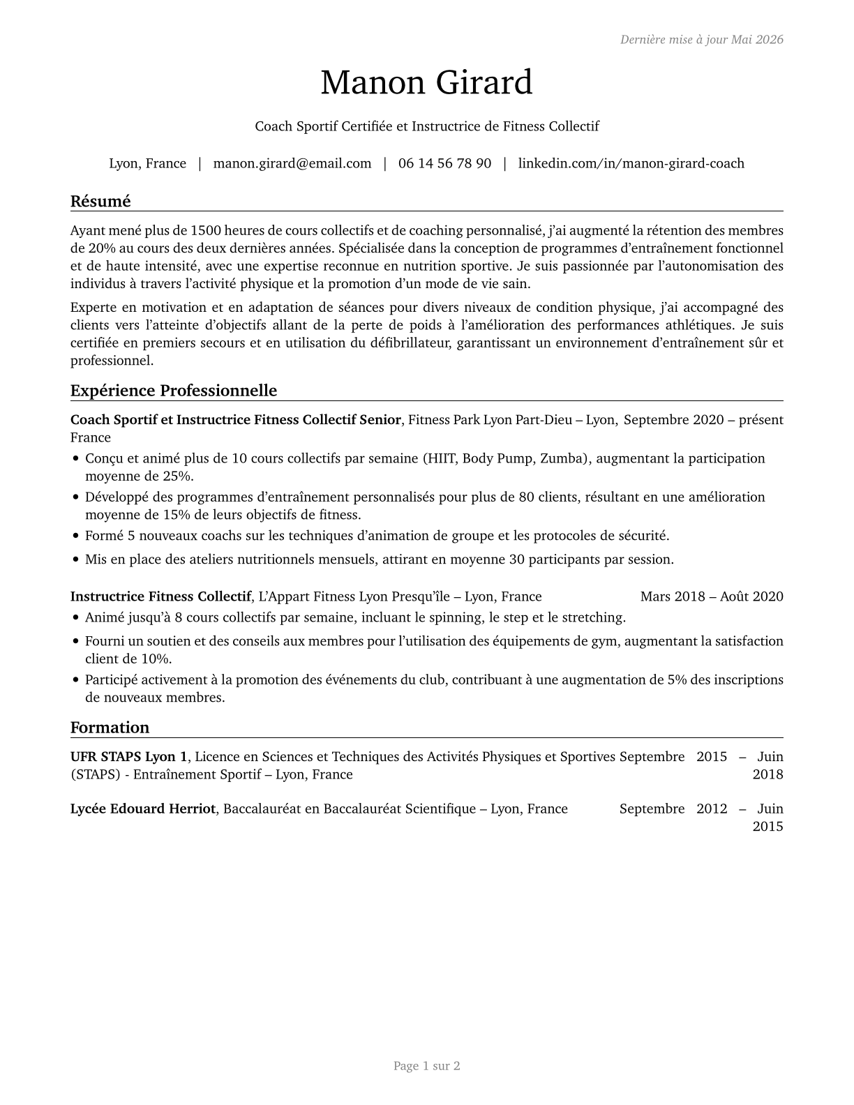 Exercise Trainers and Group Fitness Instructors CV in French — page 1