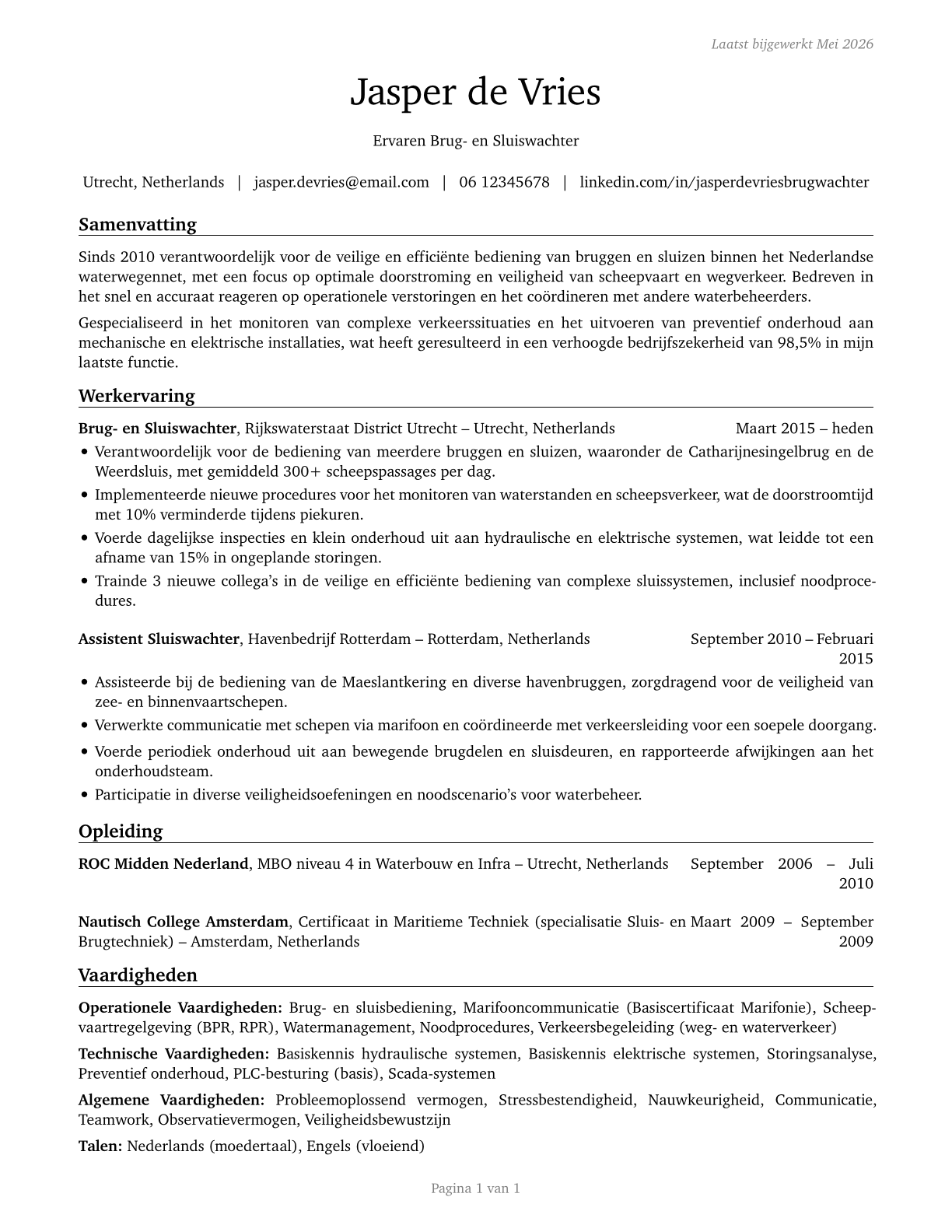 Bridge and Lock Tenders CV in Dutch — page 1