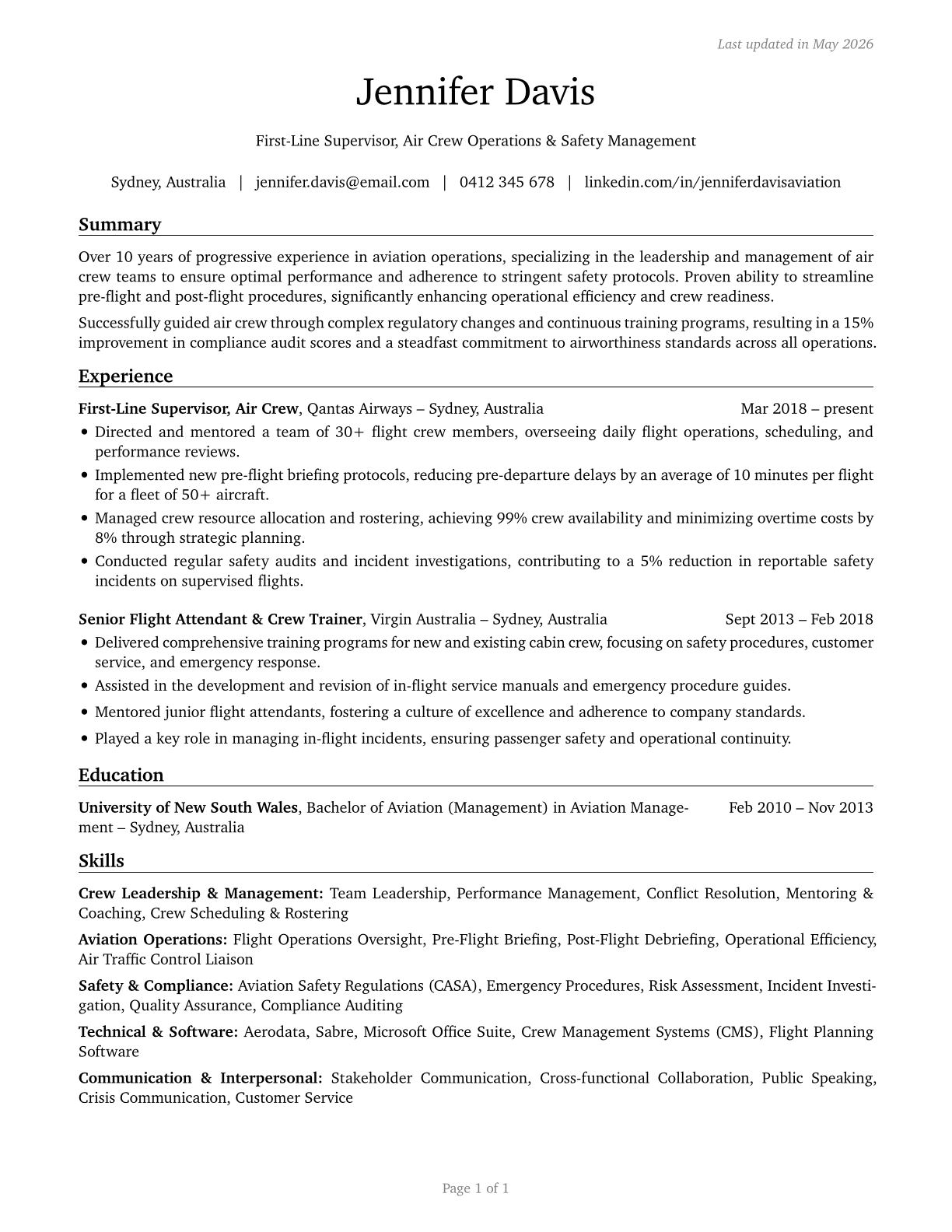 First-Line Supervisors of Air Crew Members CV in English — page 1