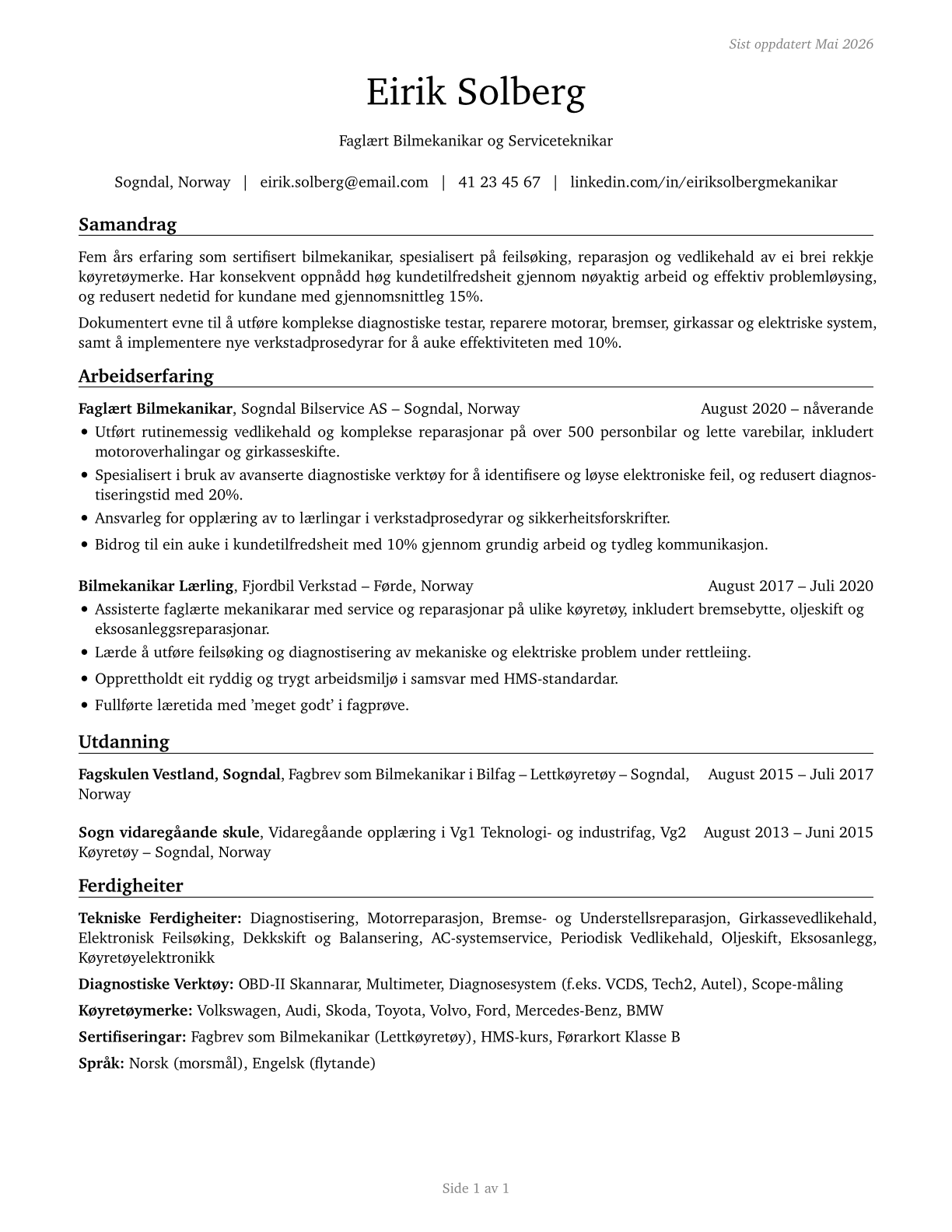 Automotive Service Technicians and Mechanics CV in Norwegian_nynorsk — page 1
