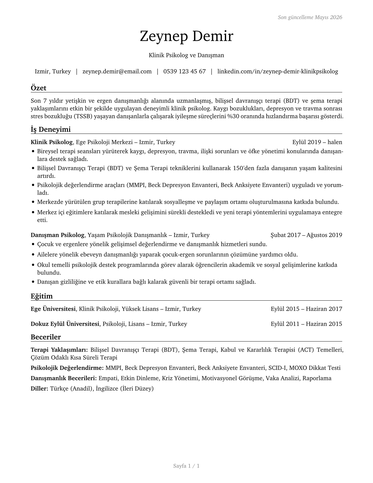 Clinical and Counseling Psychologists CV in Turkish — page 1