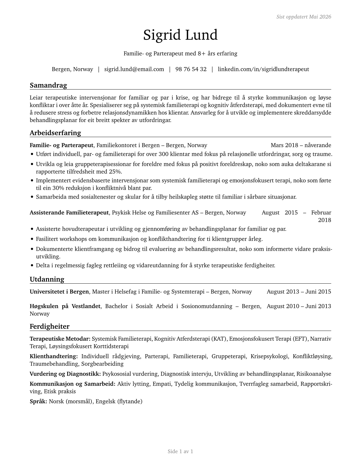 Marriage and Family Therapists CV in Norwegian_nynorsk — page 1