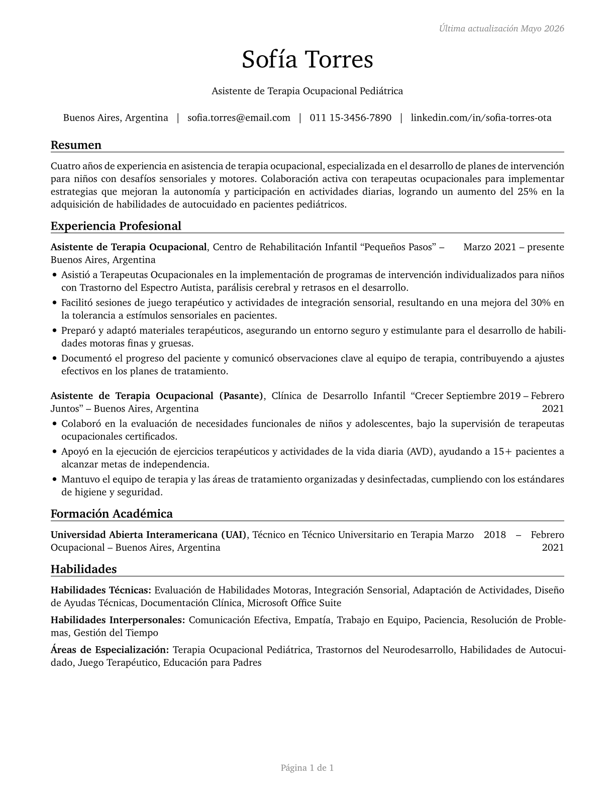 Occupational Therapy Assistants CV in Spanish — page 1