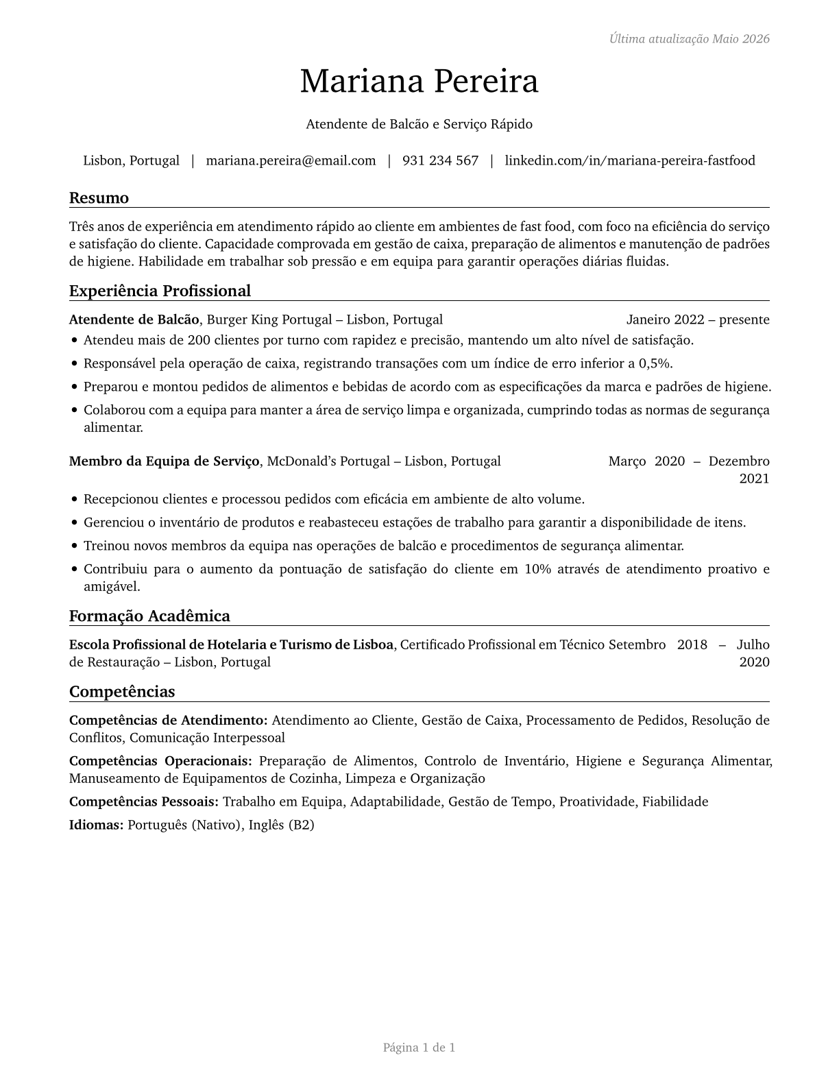 Fast Food and Counter Workers CV in Portuguese — page 1
