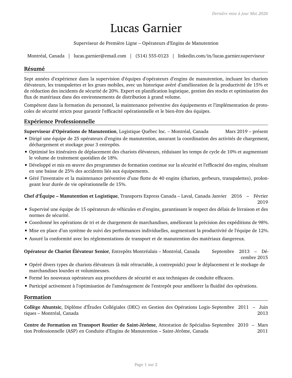 First-Line Supervisors of Material-Moving Machine and Vehicle Operators CV in French — page 1