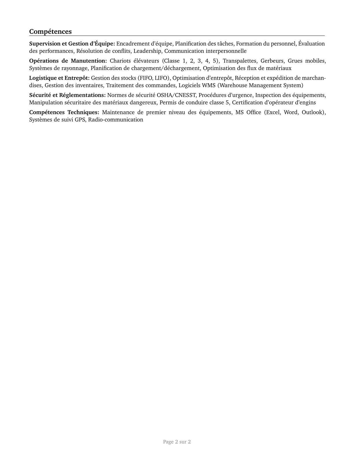 First-Line Supervisors of Material-Moving Machine and Vehicle Operators CV in French — page 2
