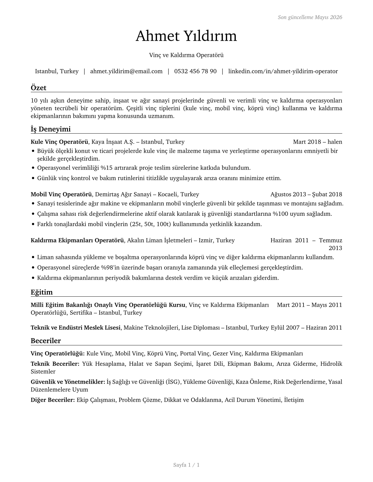 Hoist and Winch Operators CV in Turkish — page 1