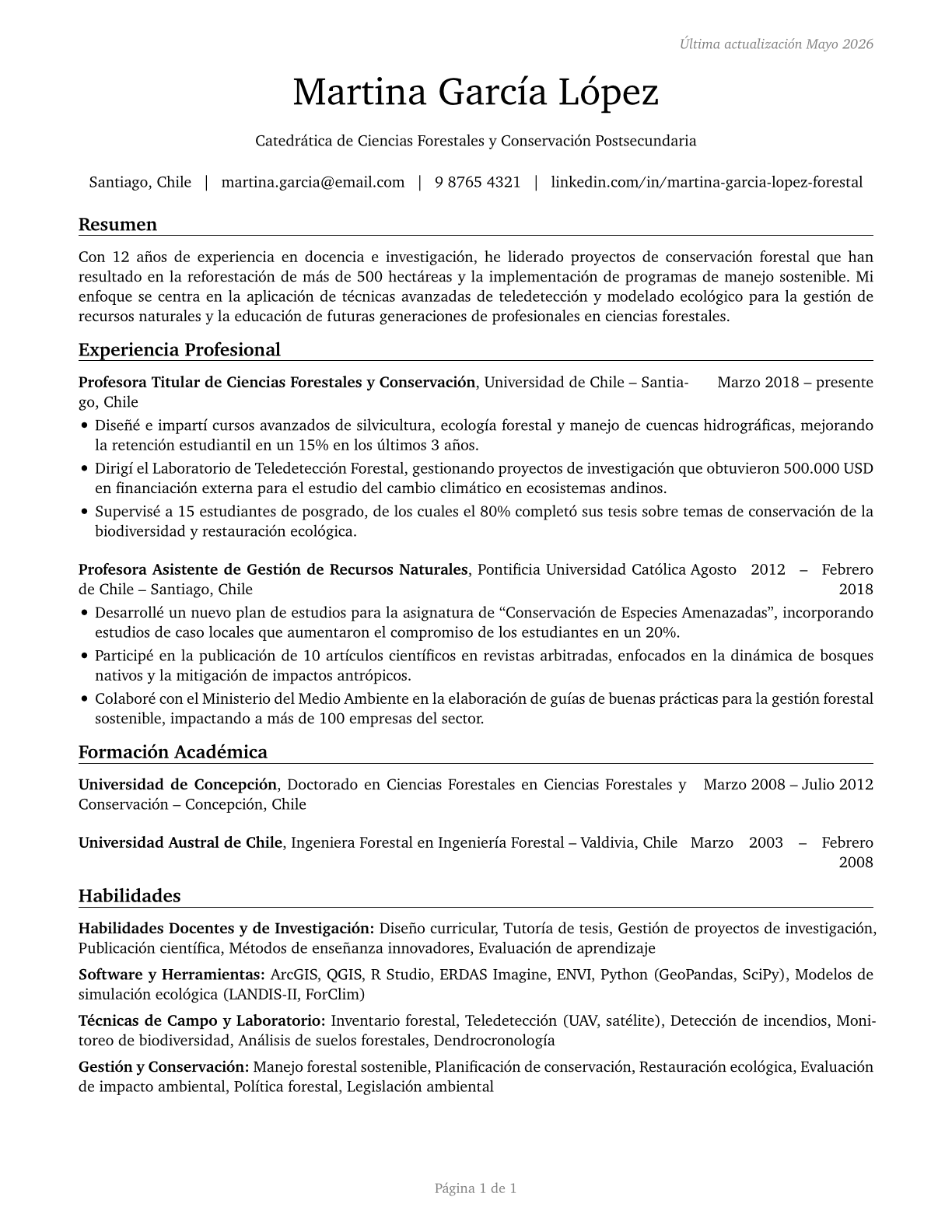 Forestry and Conservation Science Teachers, Postsecondary CV in Spanish — page 1