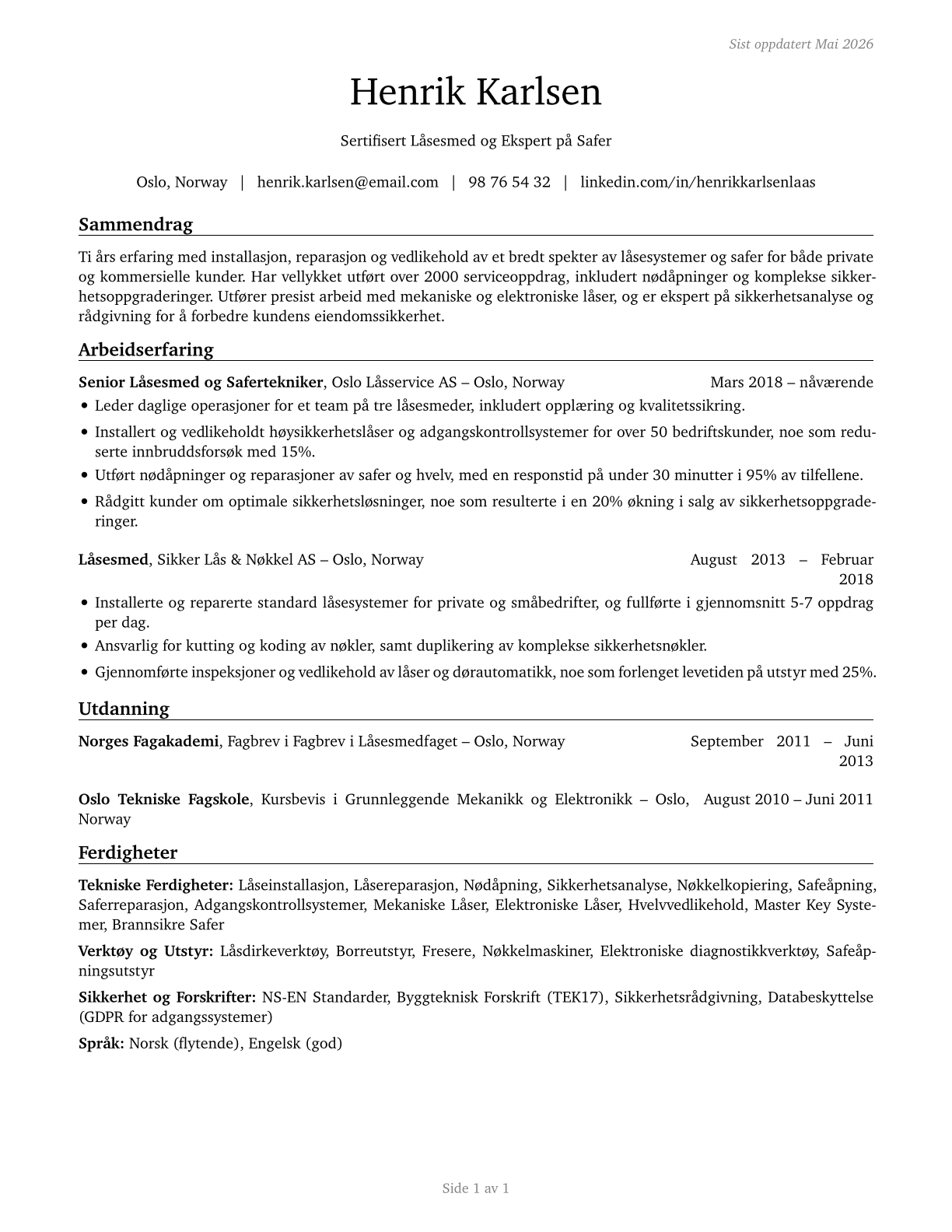 Locksmiths and Safe Repairers CV in Norwegian_bokmal — page 1