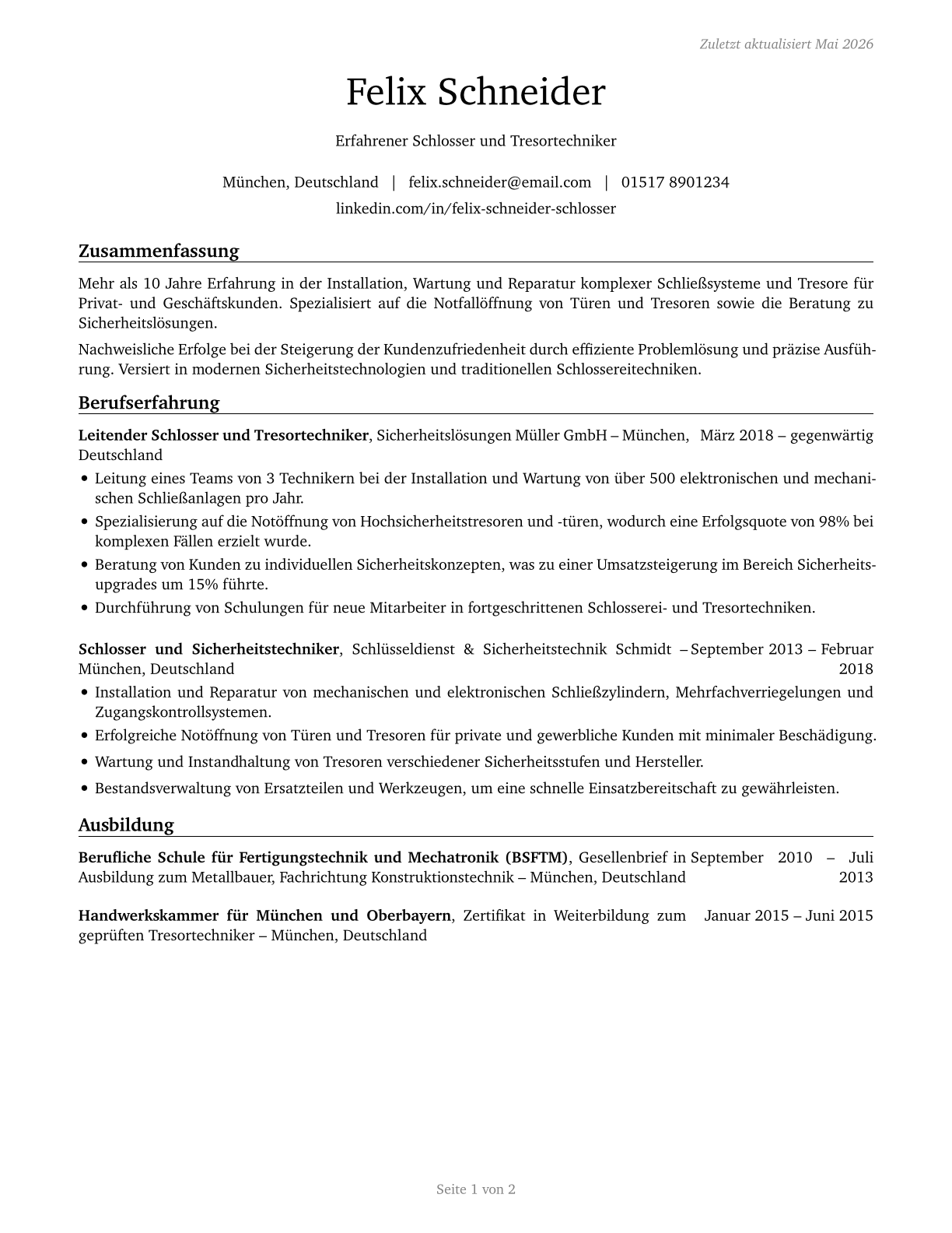 Locksmiths and Safe Repairers CV in German — page 1