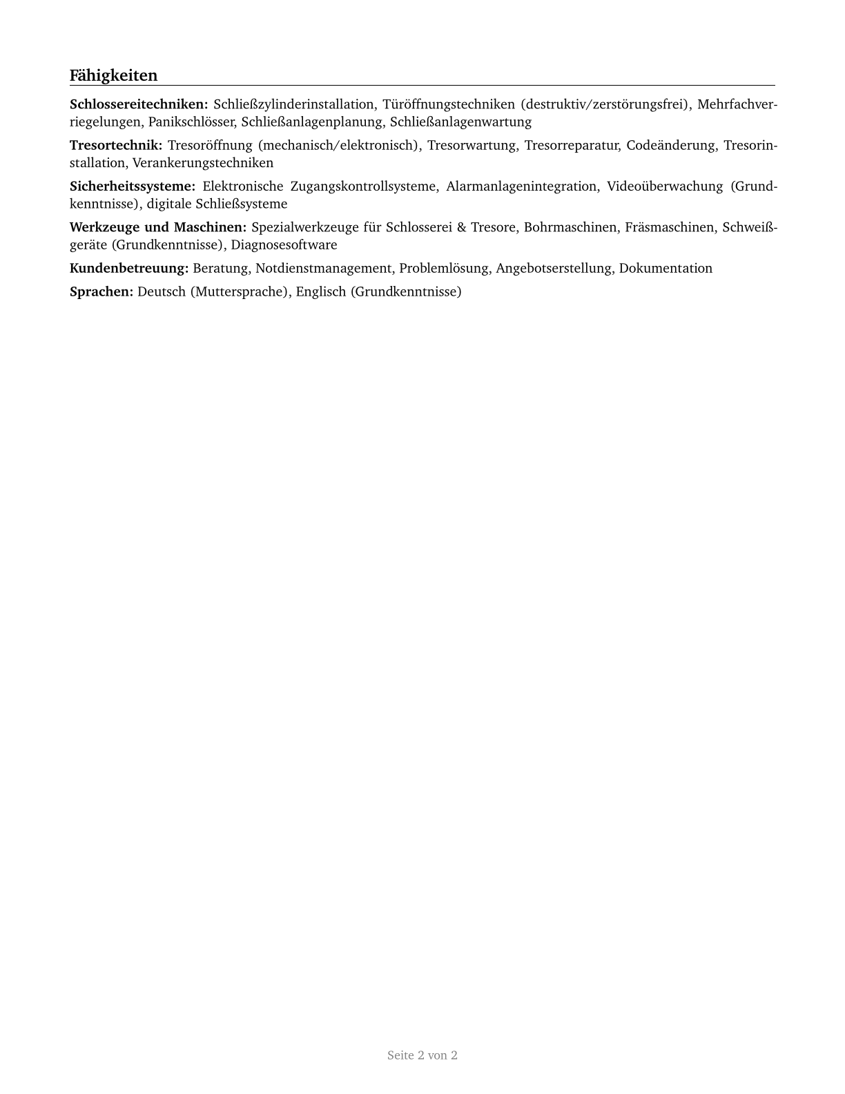 Locksmiths and Safe Repairers CV in German — page 2