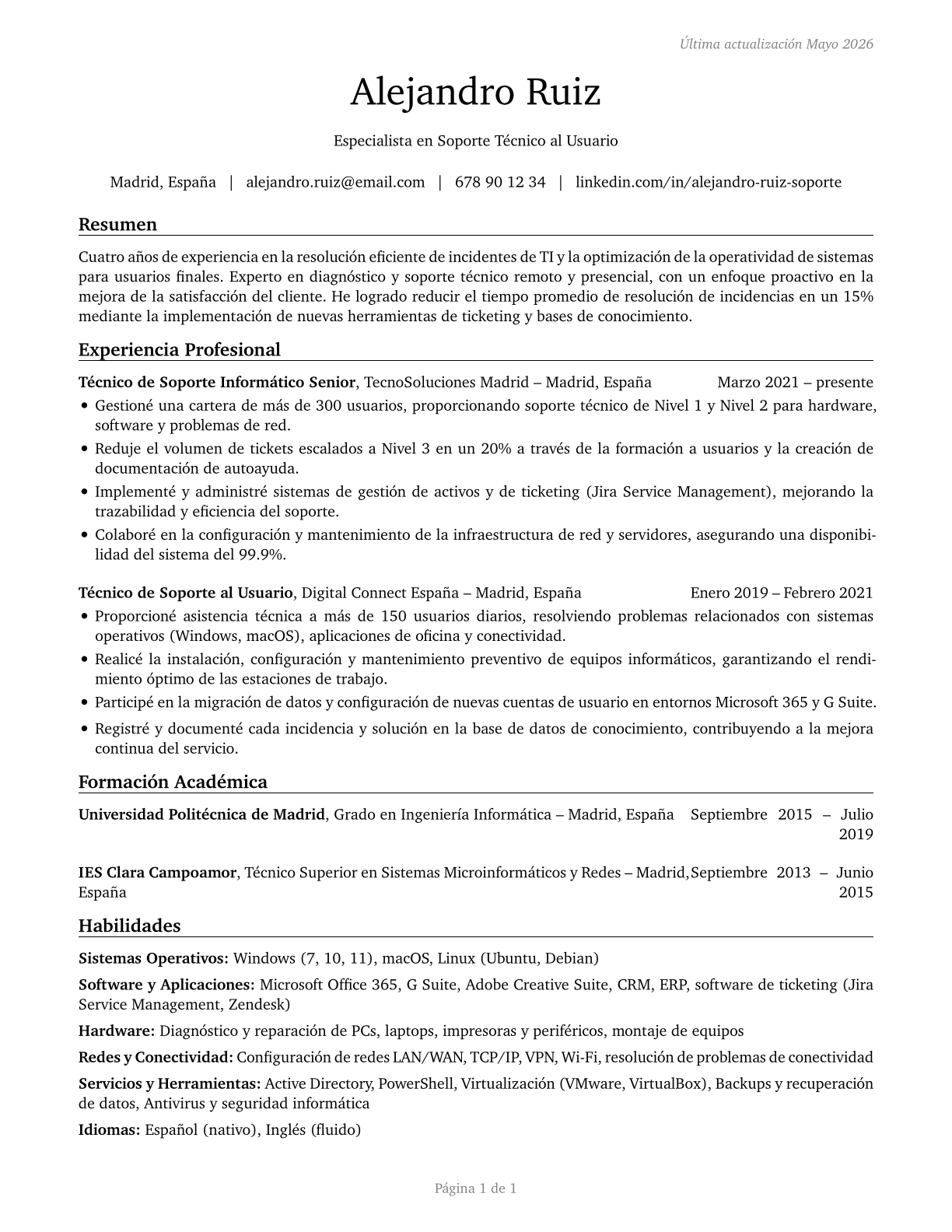Computer User Support Specialists CV in Spanish — page 1