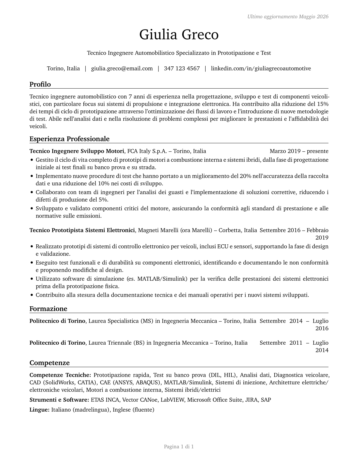 Automotive Engineering Technicians CV in Italian — page 1