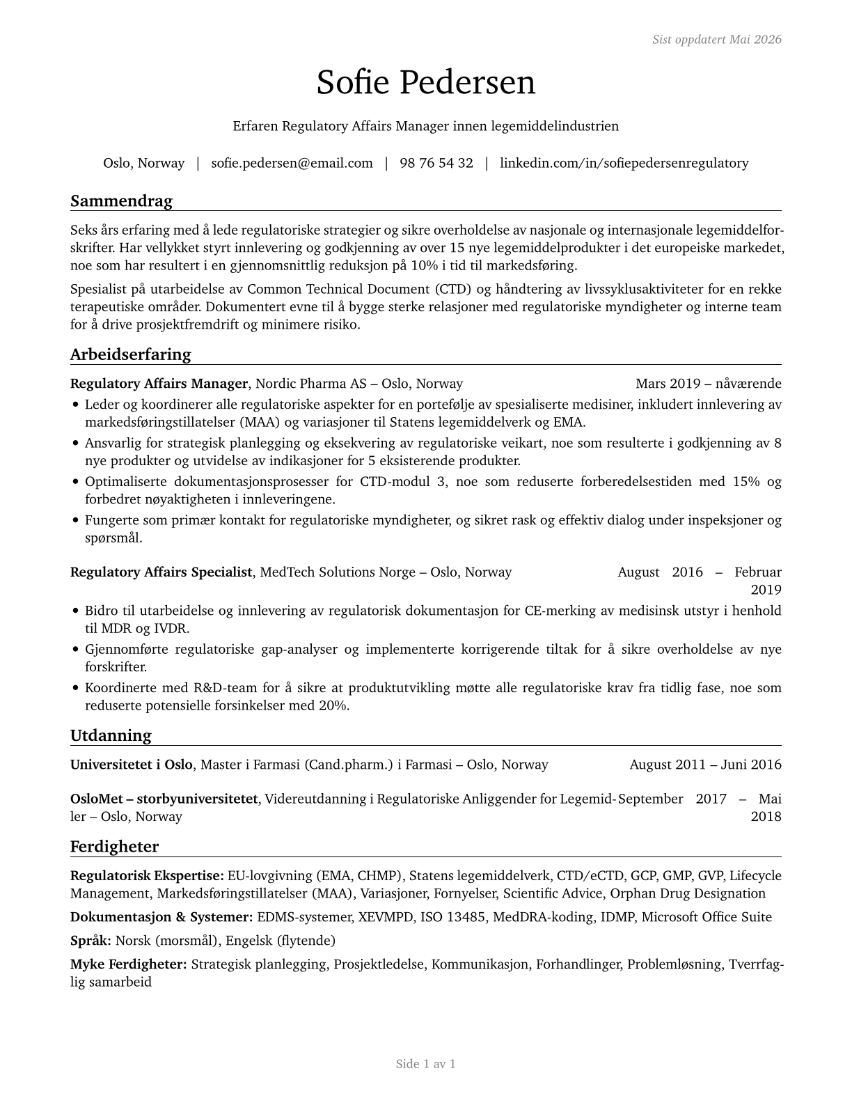 Regulatory Affairs Managers CV in Norwegian_bokmal — page 1