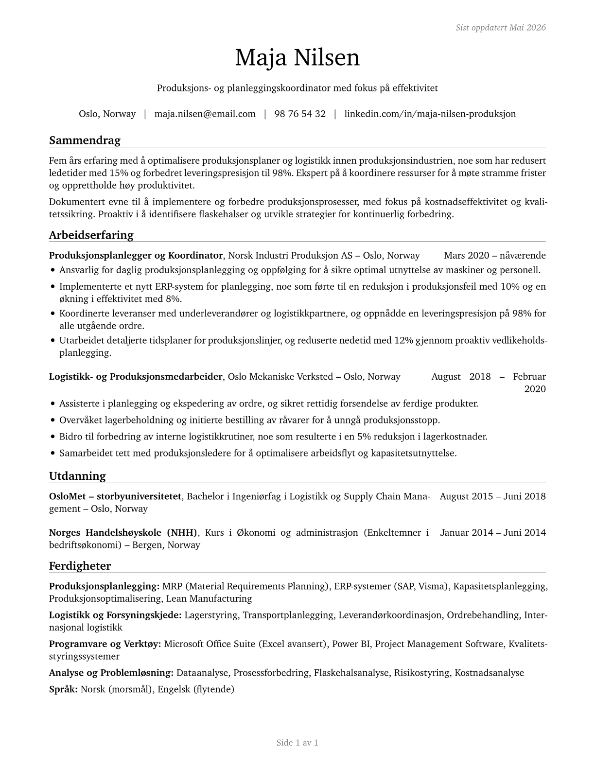 Production, Planning, and Expediting Clerks CV in Norwegian_bokmal — page 1