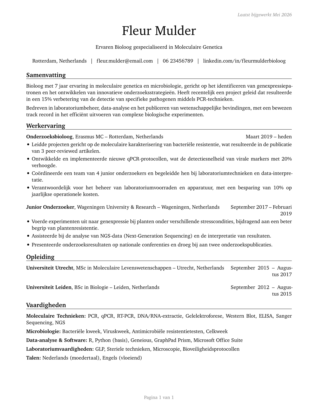 Biologists CV in Dutch — page 1