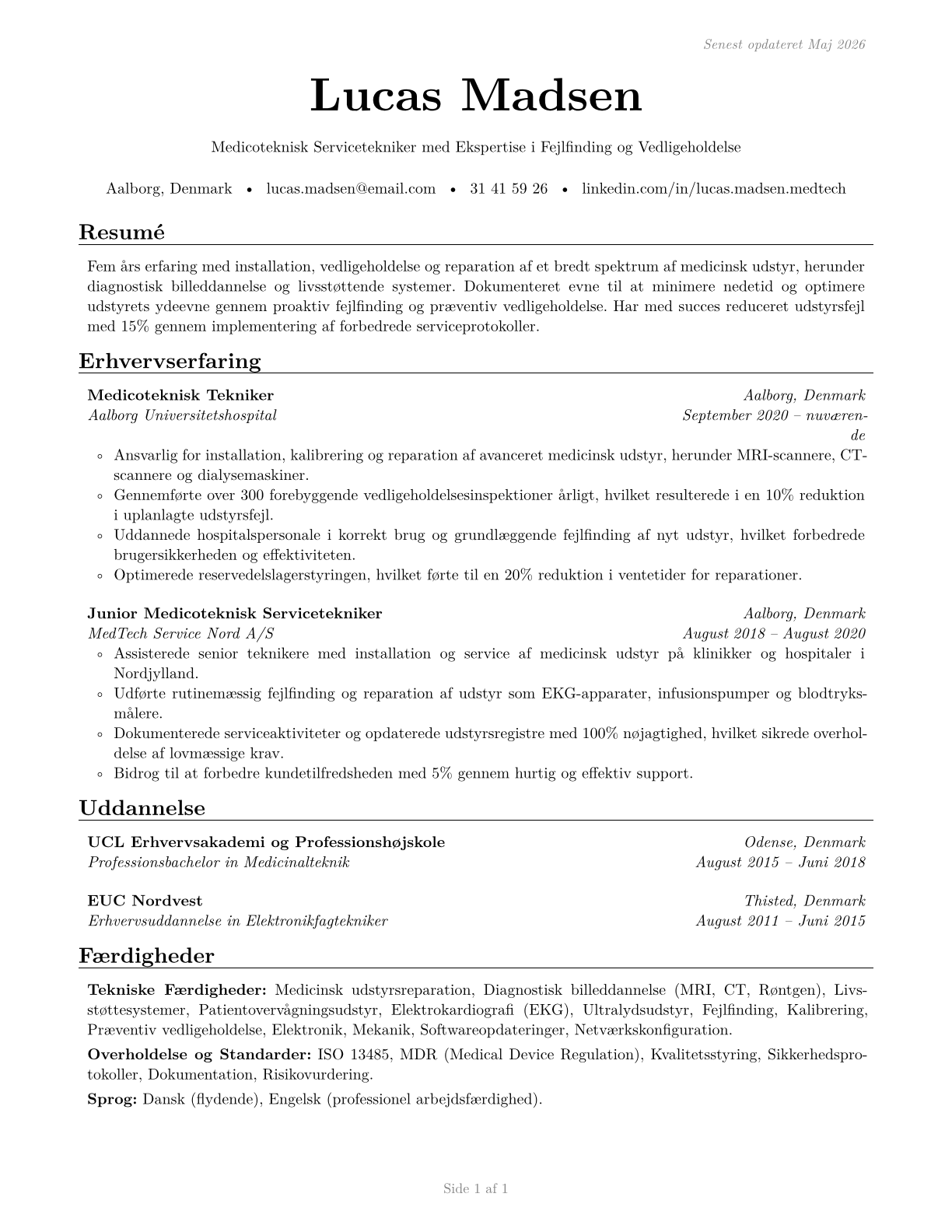 Medical Equipment Repairers CV in Danish — page 1