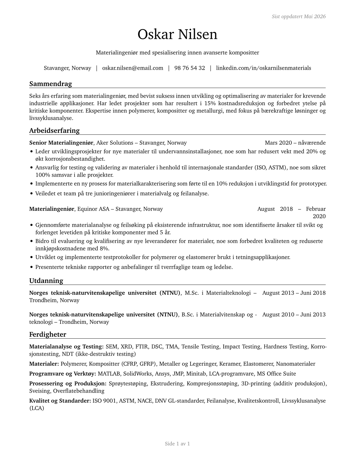 Materials Engineers CV in Norwegian_bokmal — page 1