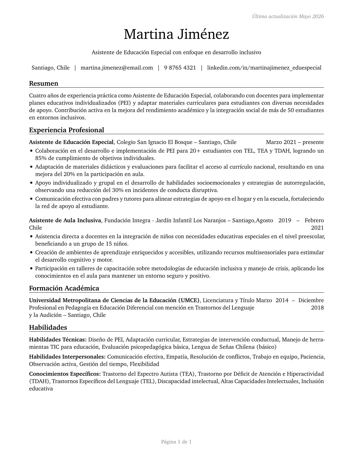 Teaching Assistants, Special Education CV in Spanish — page 1