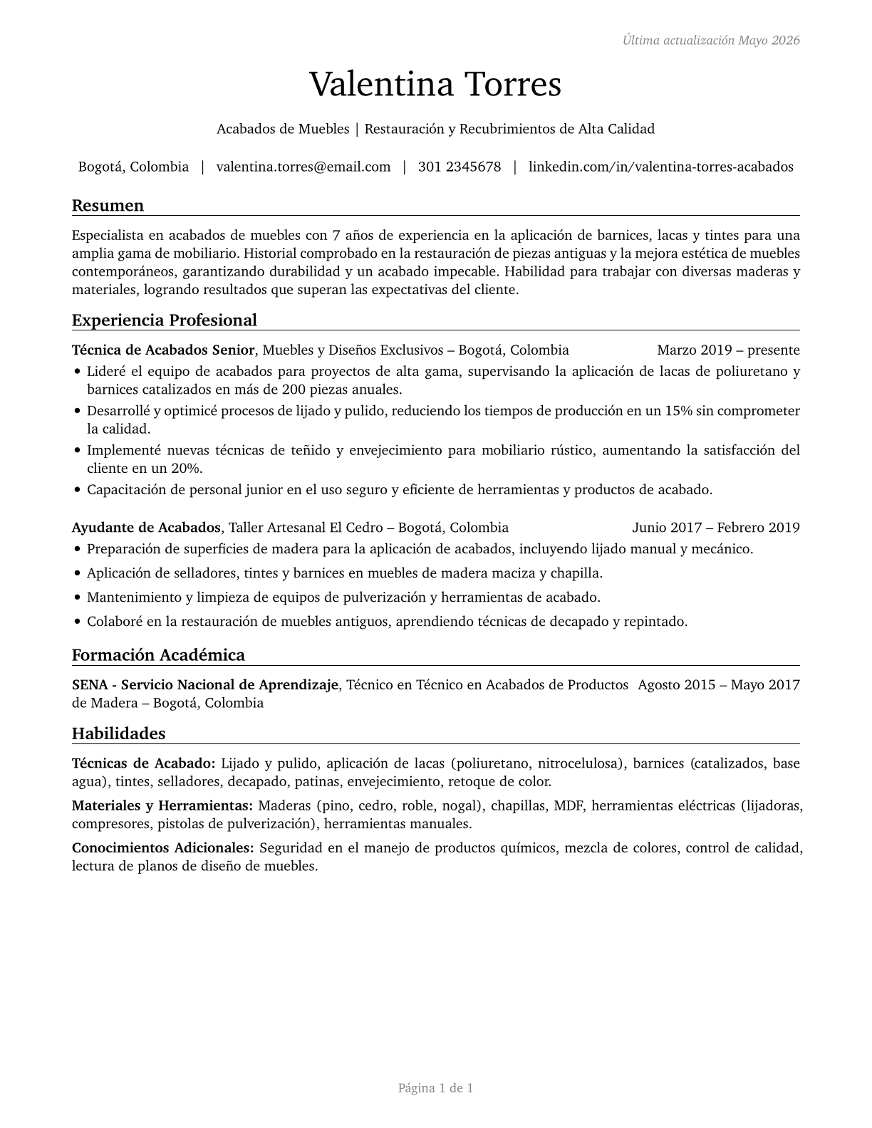 Furniture Finishers CV in Spanish — page 1