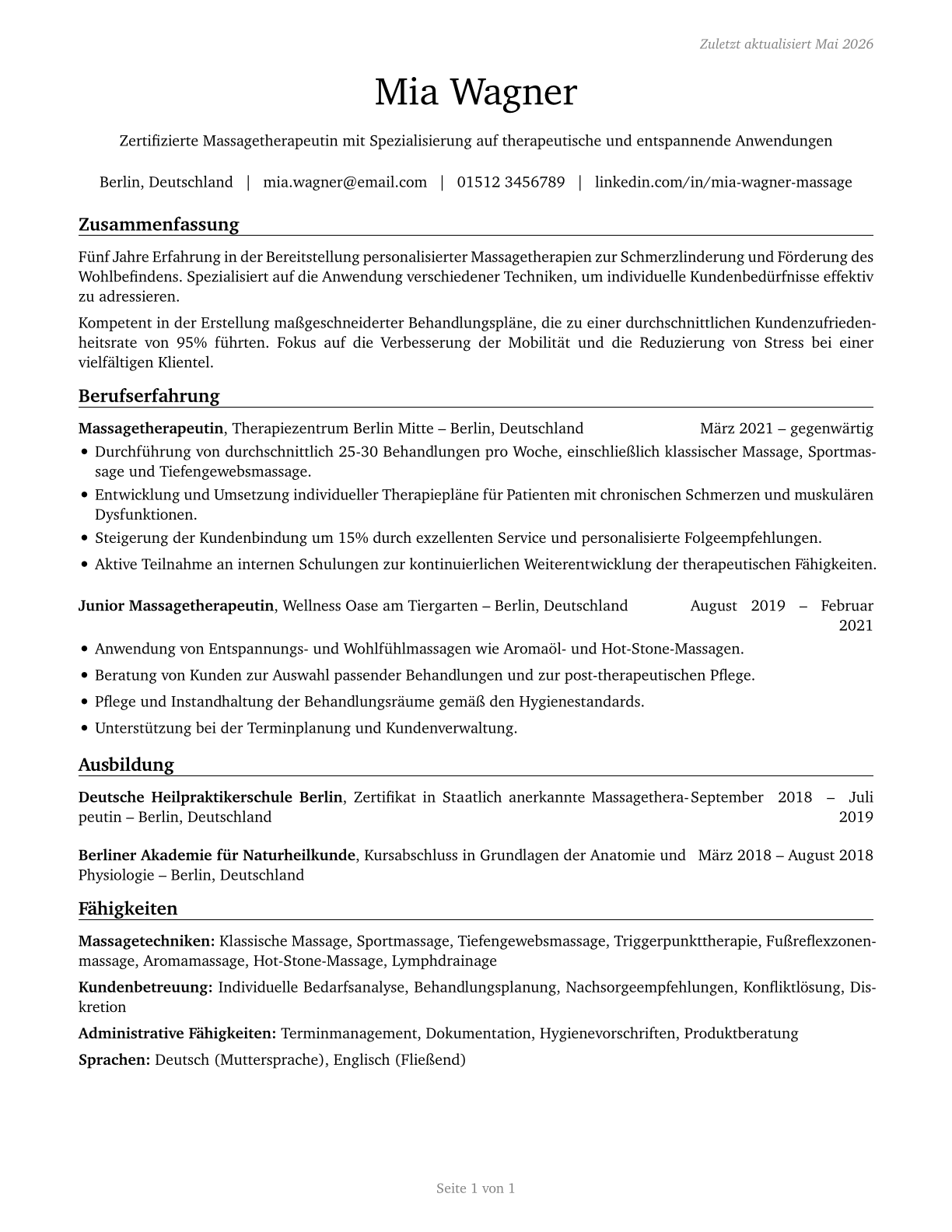 Massage Therapists CV in German — page 1