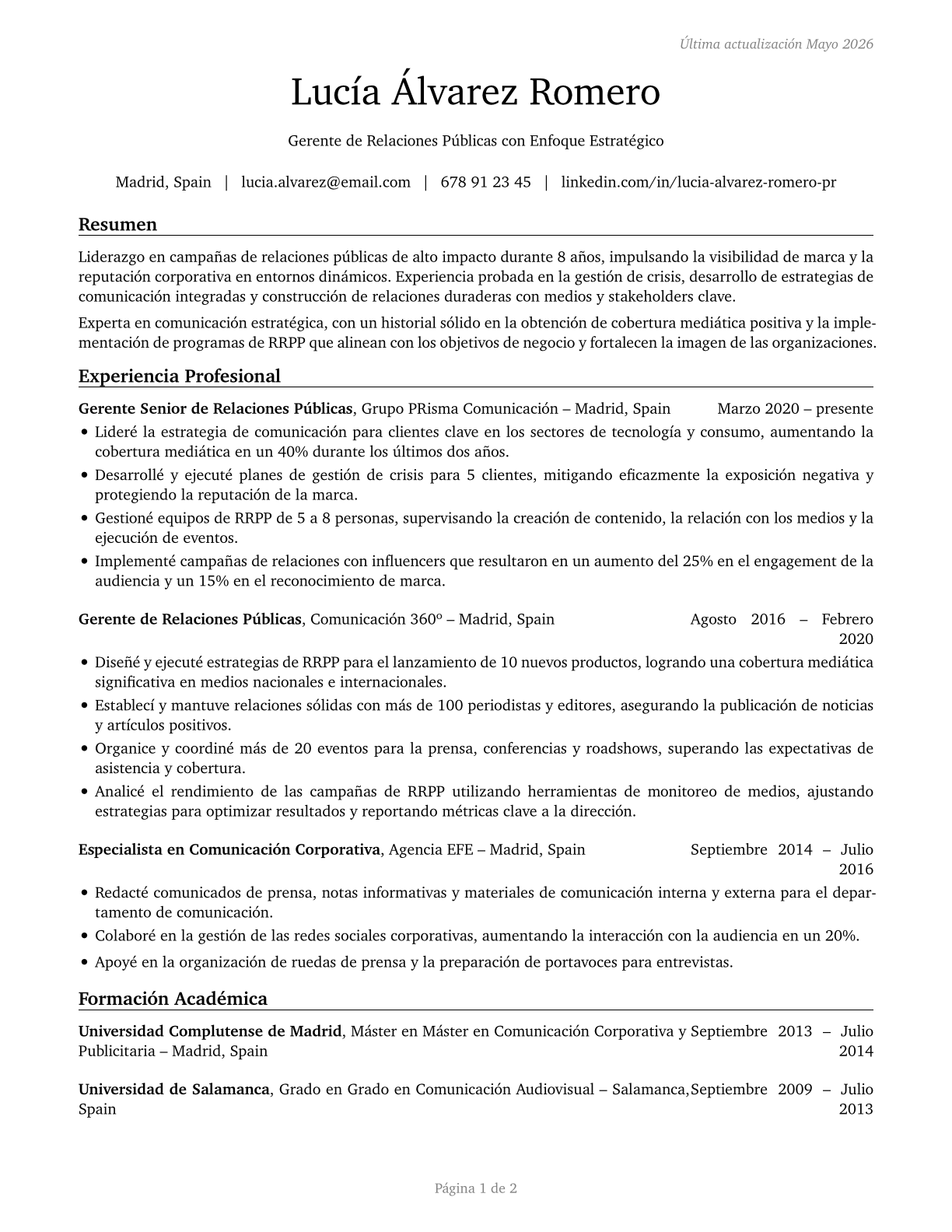 Public Relations Managers CV in Spanish — page 1