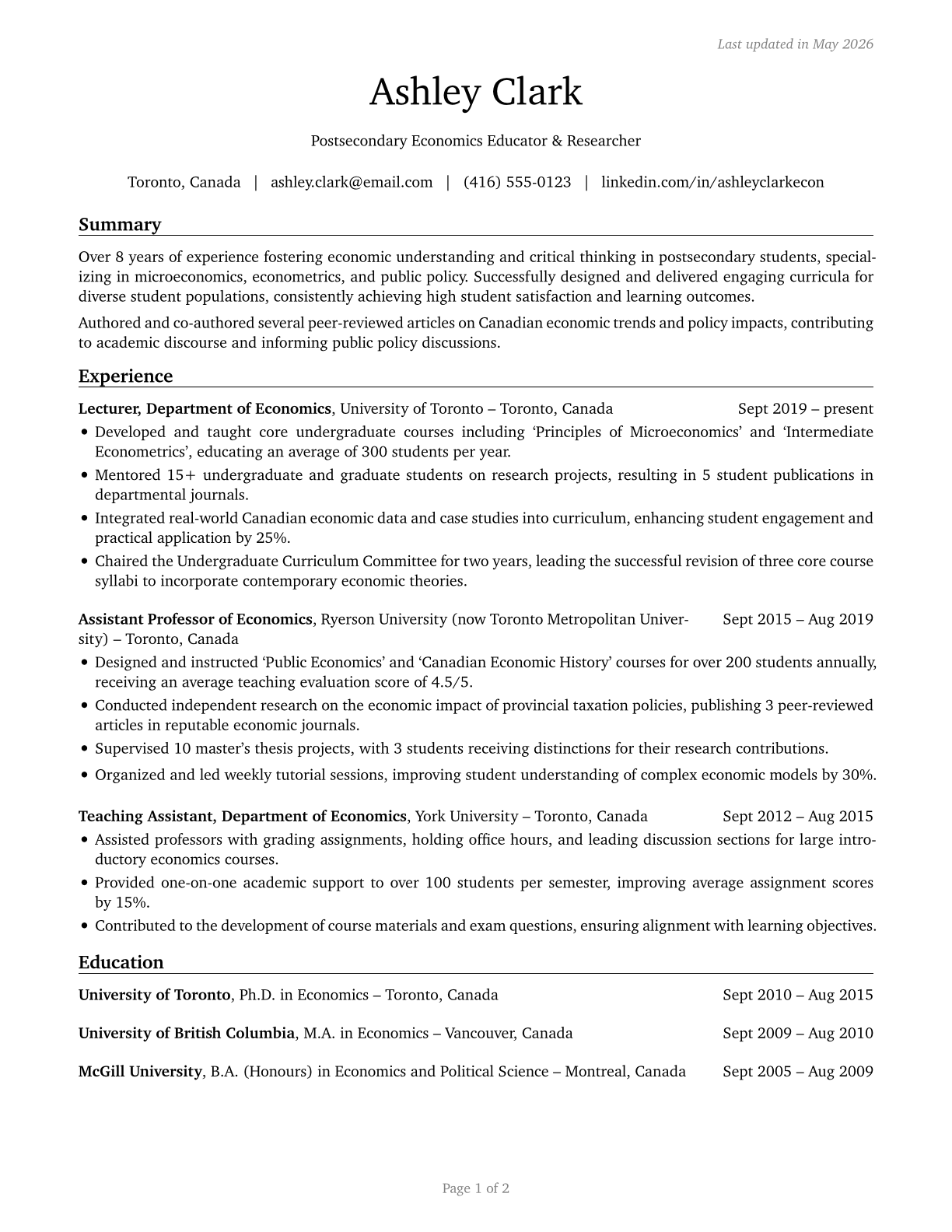 Economics Teachers, Postsecondary CV in English — page 1