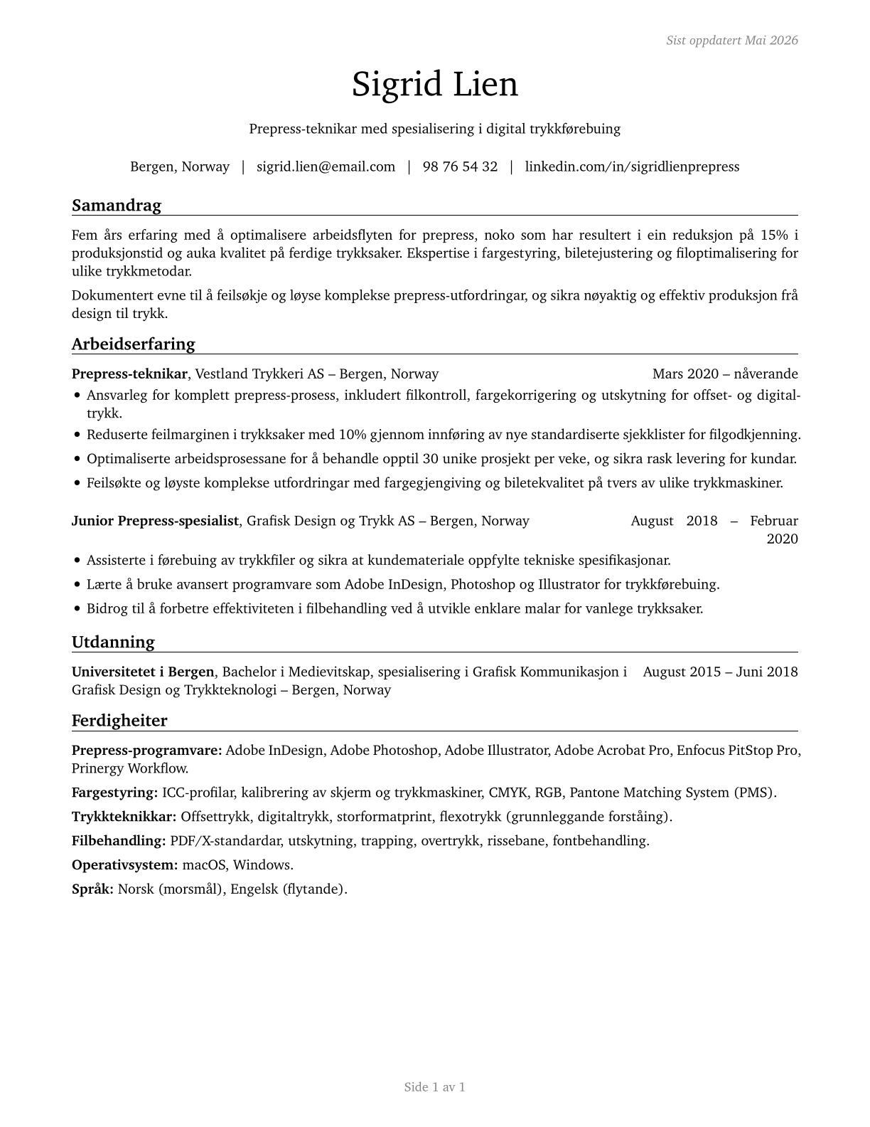 Prepress Technicians and Workers CV in Norwegian_nynorsk — page 1