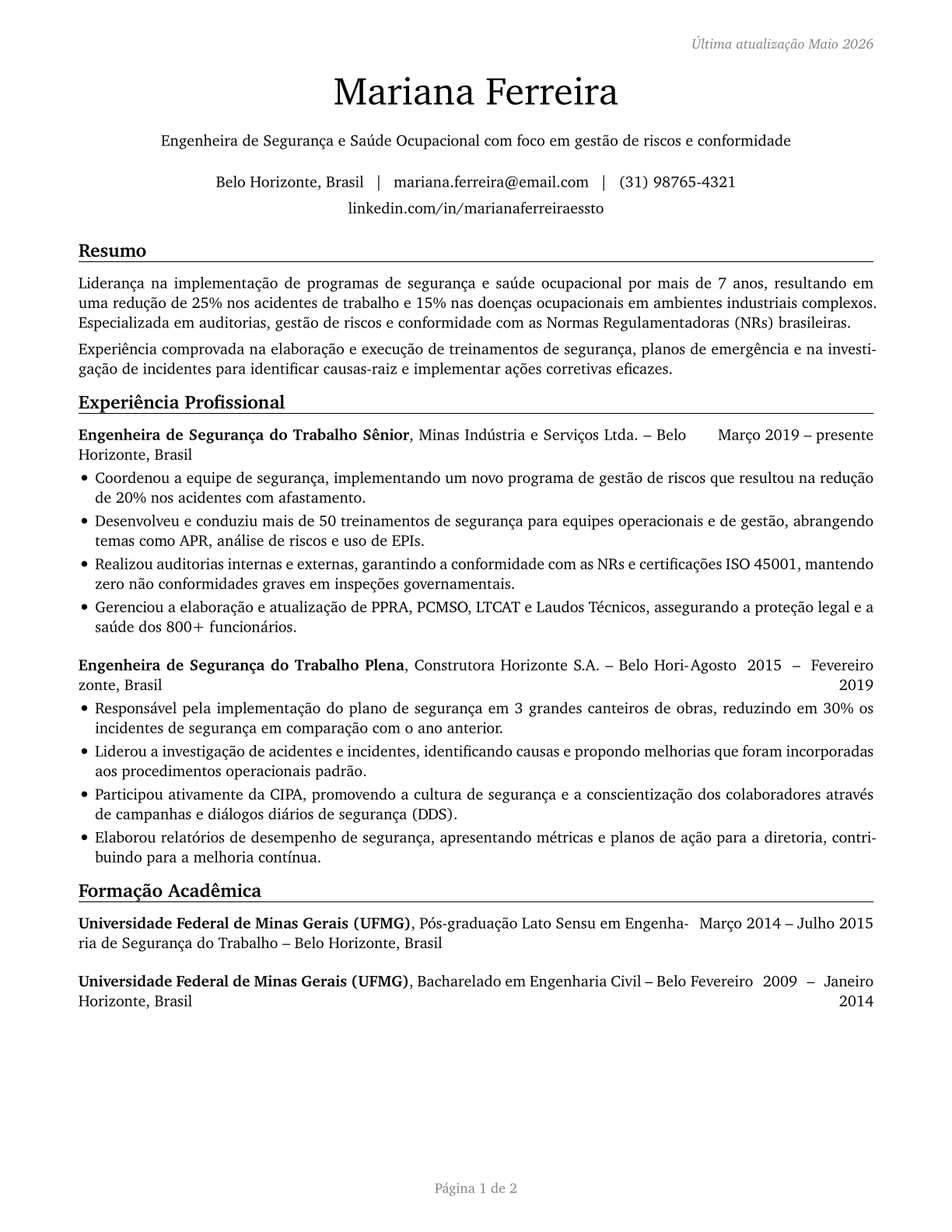 Health and Safety Engineers, Except Mining Safety Engineers and Inspectors CV in Portuguese — page 1