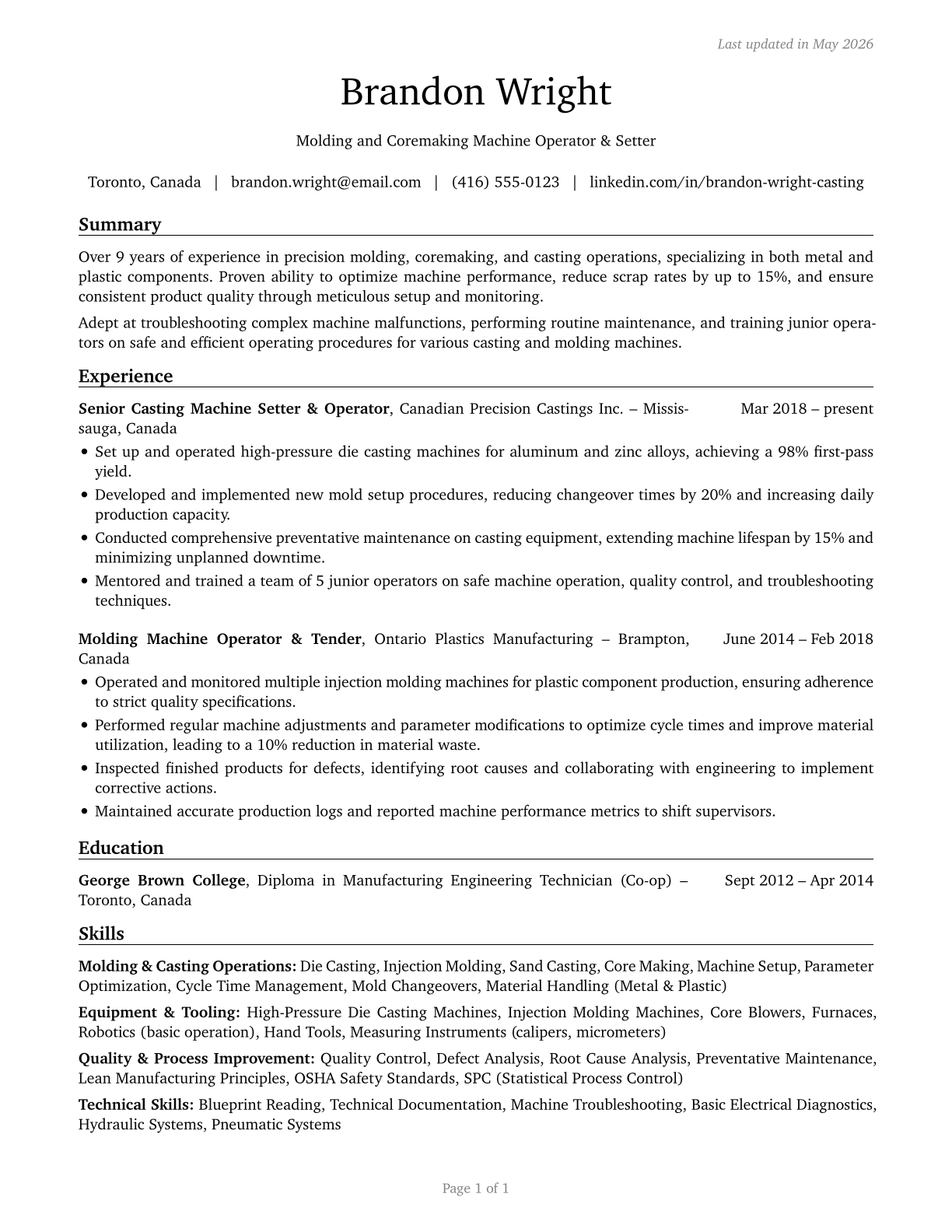Molding, Coremaking, and Casting Machine Setters, Operators, and Tenders, Metal and Plastic CV in English — page 1