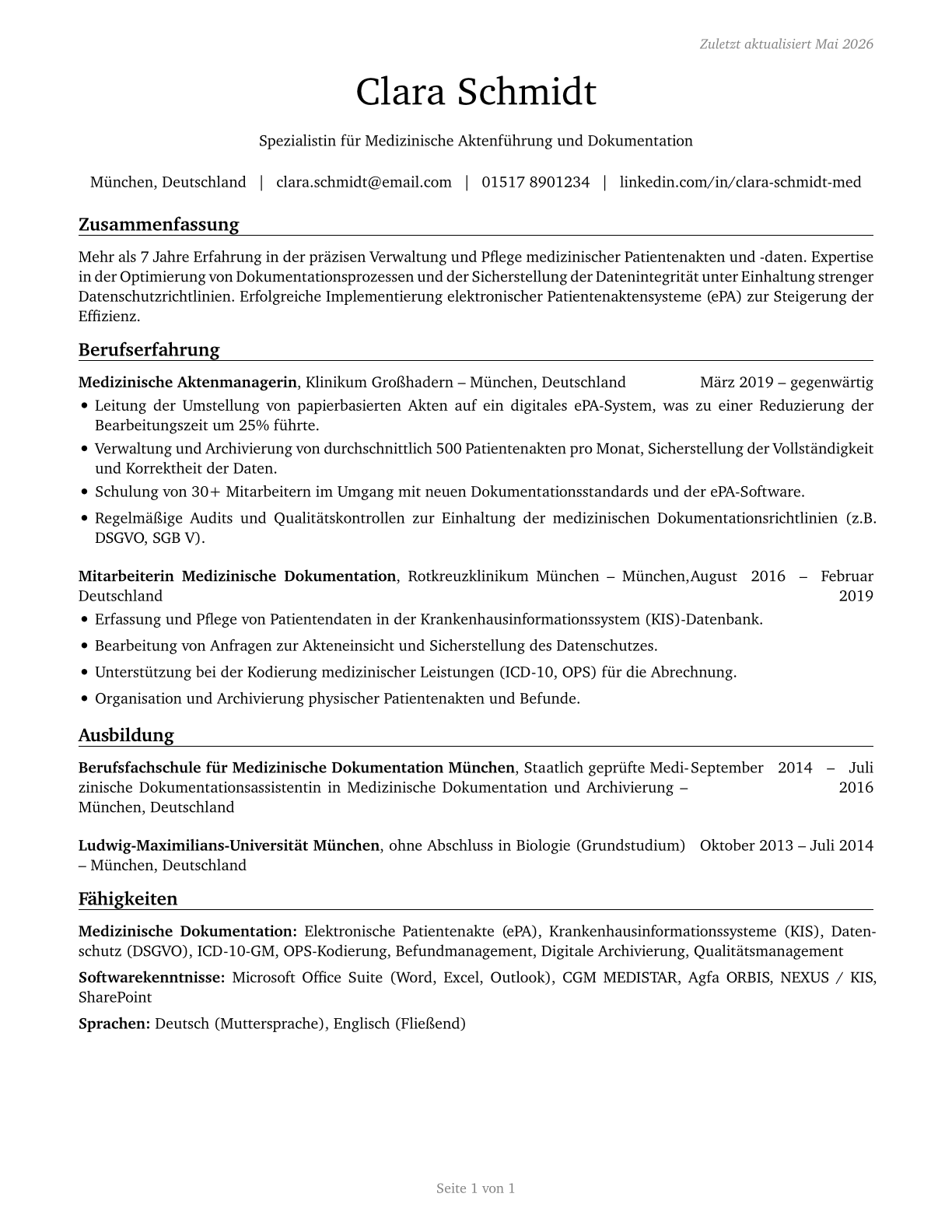 Medical Records Specialists CV in German — page 1